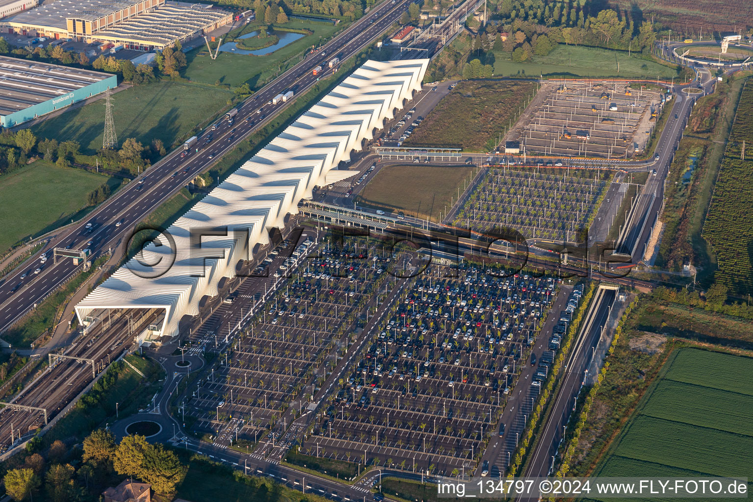 Reggio Emilia AV Mediopadana train station in Reggio nell’Emilia in the state Reggio Emilia, Italy from above