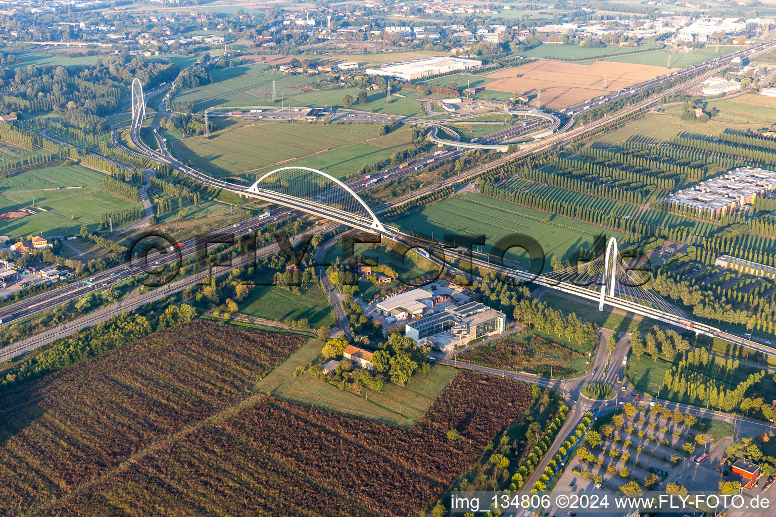 Bridges Ponte Di Calatrava, Vela di Calatrava NORTH and SOUTH over the high-speed railway line and Autostrada del Sole in Reggio nell’Emilia in the state Reggio Emilia, Italy