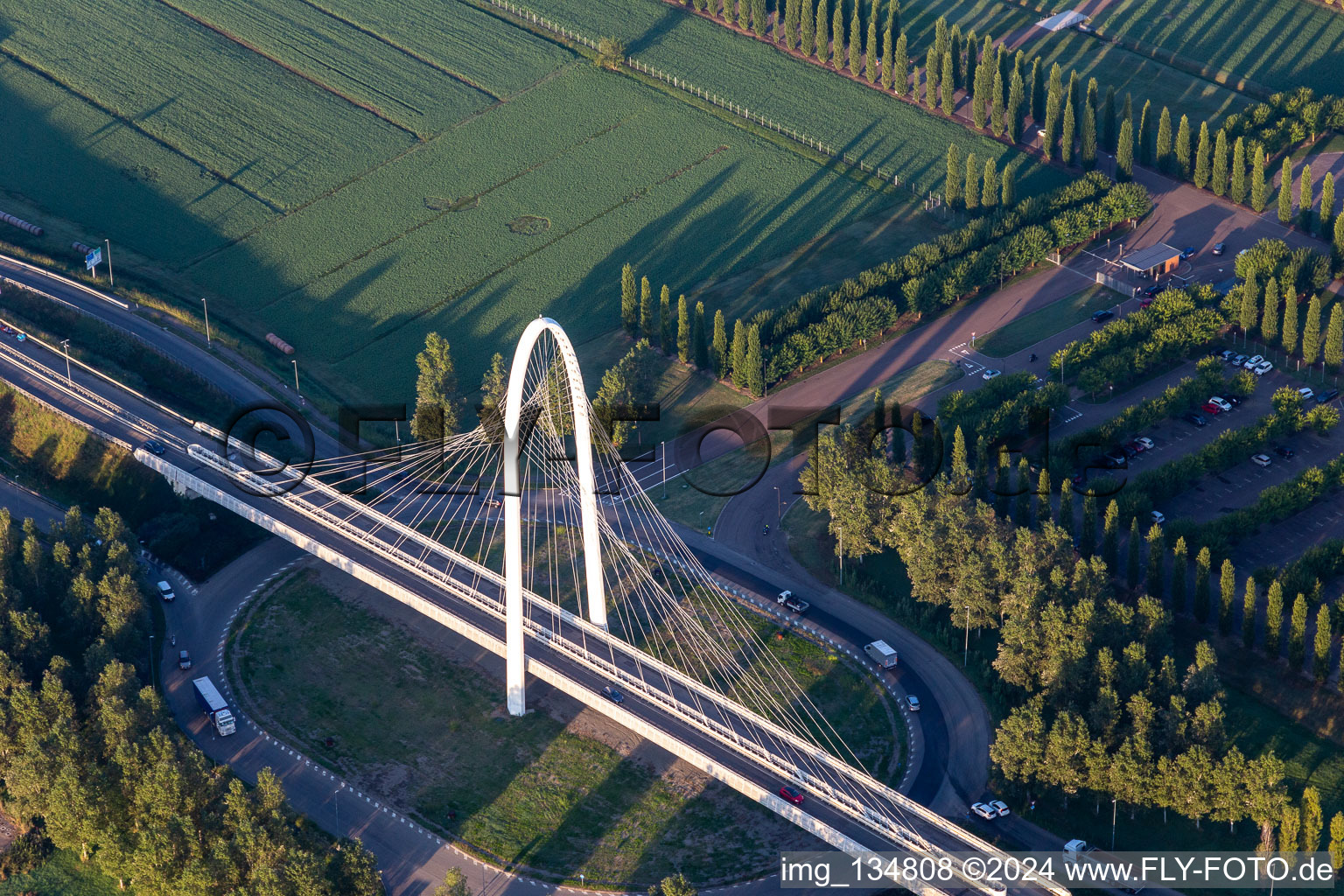 Aerial view of Vela di Calatrava NORD bridge over the high-speed railway line and Autostrada del Sole in Reggio nell’Emilia in the state Reggio Emilia, Italy