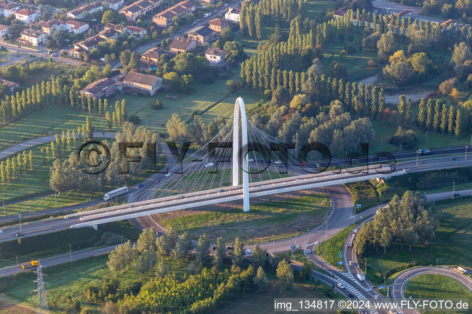 Aerial view of Vela di Calatrava Bridge SOUTH in Reggio nell’Emilia in the state Reggio Emilia, Italy