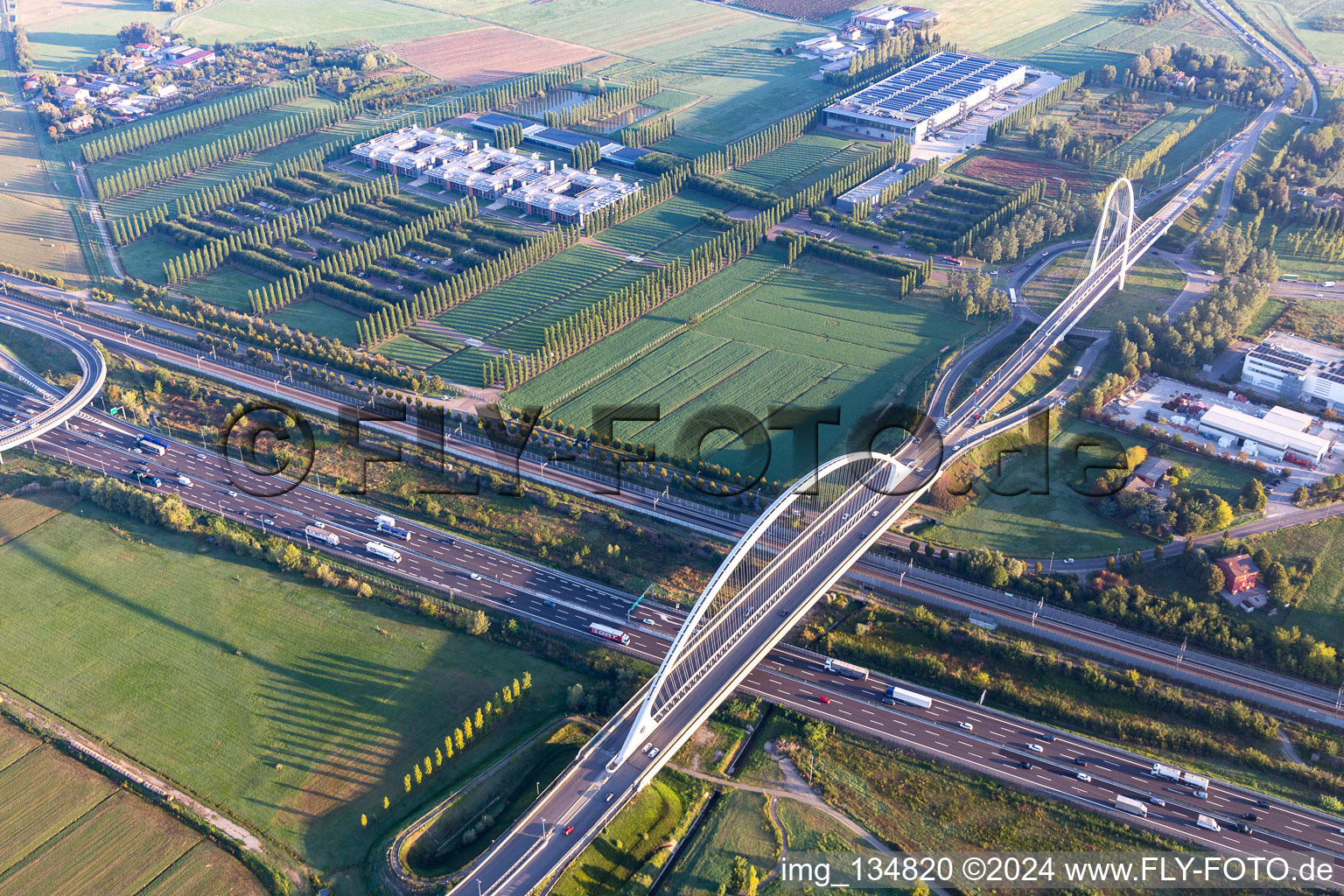 Aerial photograpy of Bridges Ponte Di Calatrava, Vela di Calatrava NORTH and SOUTH over the high-speed railway line and Autostrada del Sole in Reggio nell’Emilia in the state Reggio Emilia, Italy