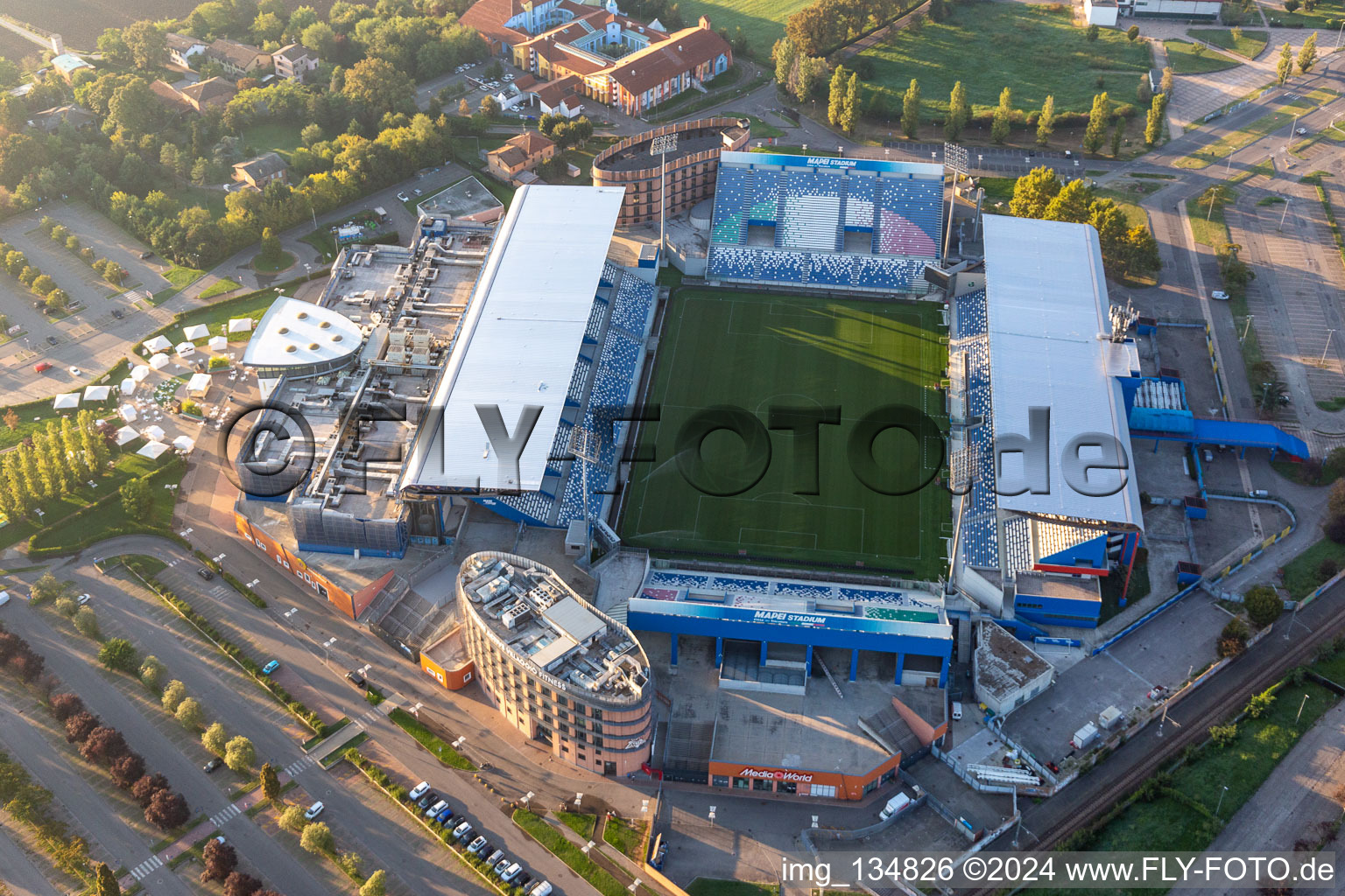 Aerial view of MAPEI Stadium – Città del Tricolore in Reggio nell’Emilia in the state Reggio Emilia, Italy