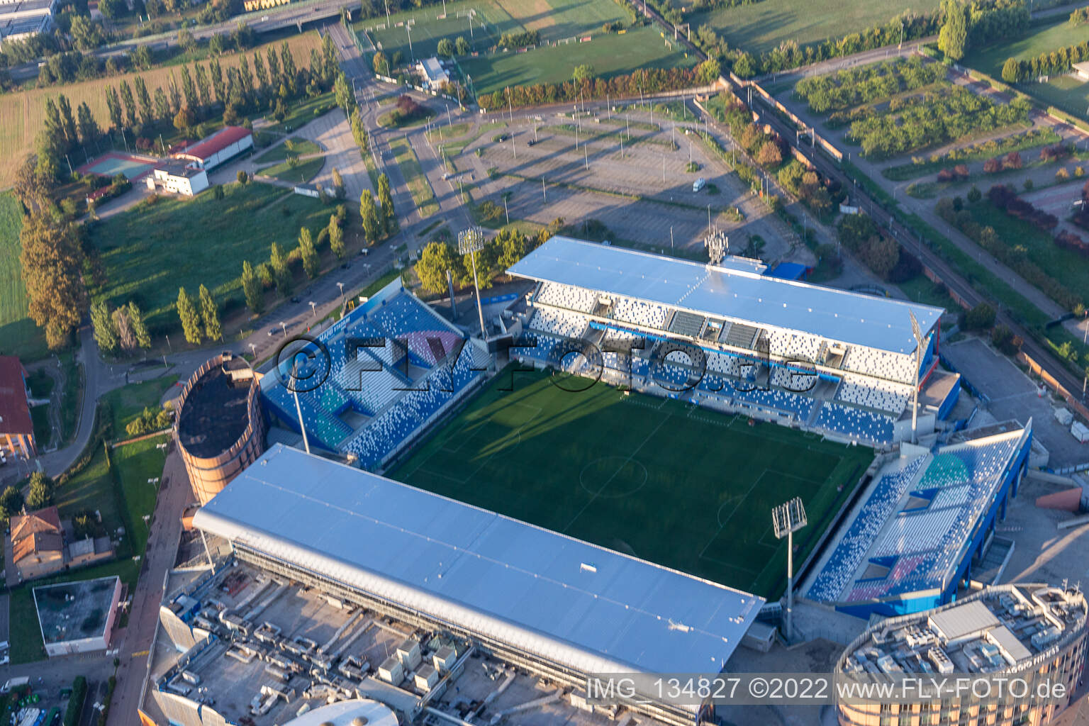 Aerial photograpy of MAPEI Stadium – Città del Tricolore in Reggio nell’Emilia in the state Reggio Emilia, Italy