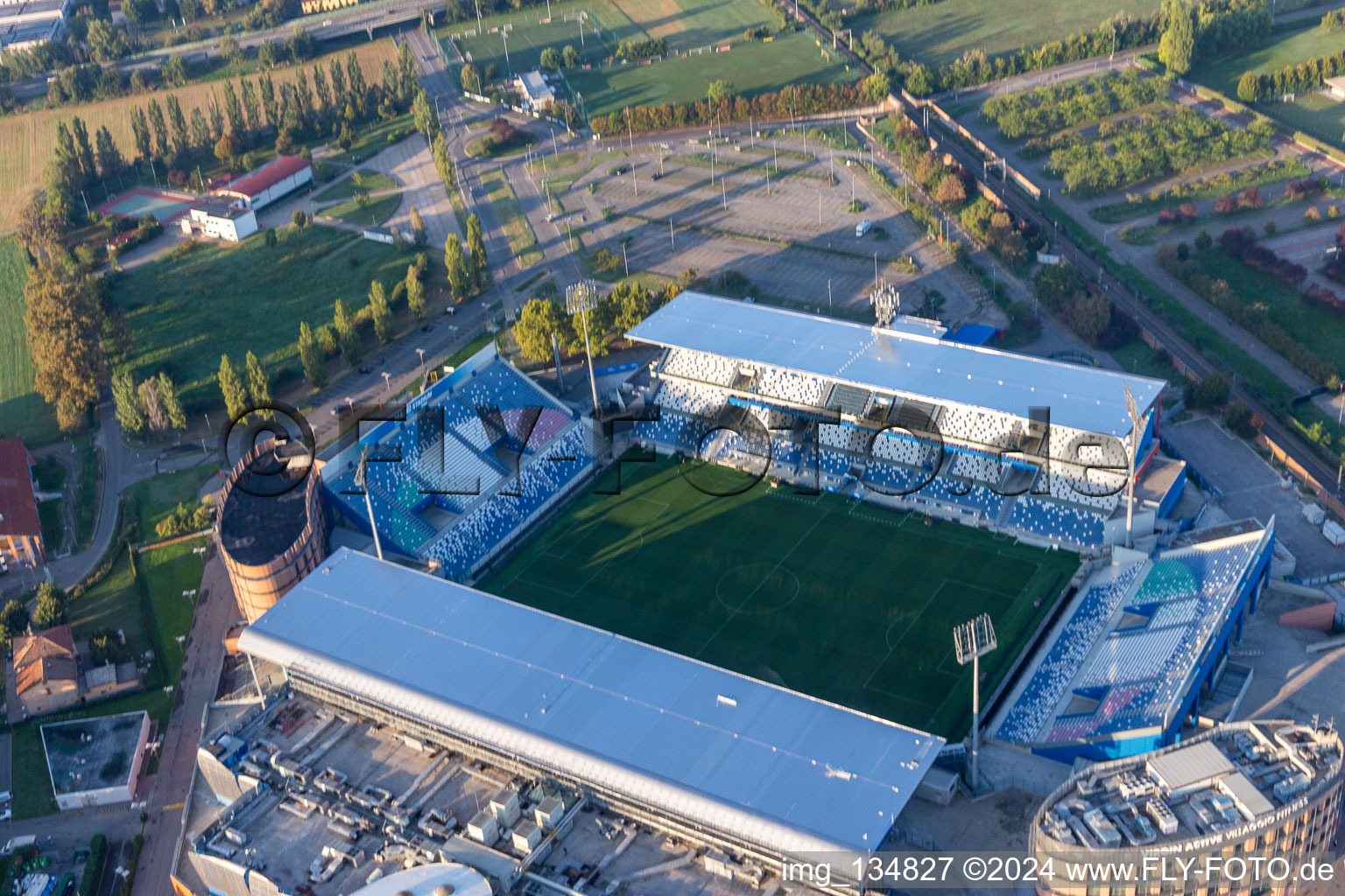 Aerial photograpy of MAPEI Stadium – Città del Tricolore in Reggio nell’Emilia in the state Reggio Emilia, Italy