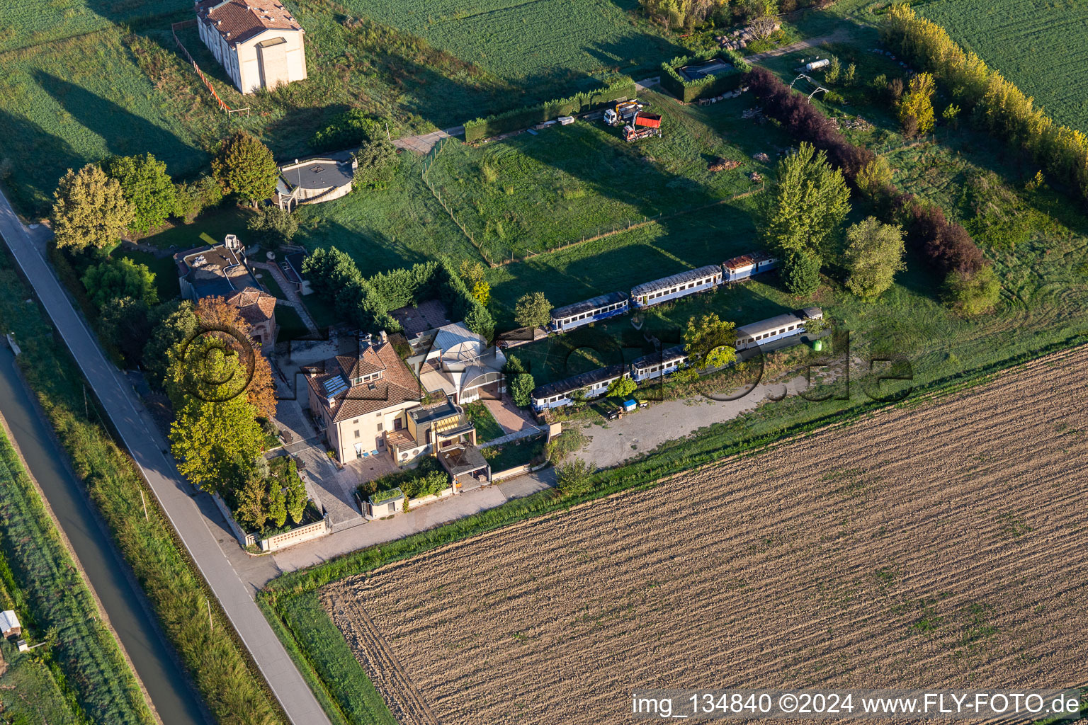 Aerial view of Sant' Agata di Rubiera Accommodation in old railway carriages in Rubiera in the state Reggio Emilia, Italy