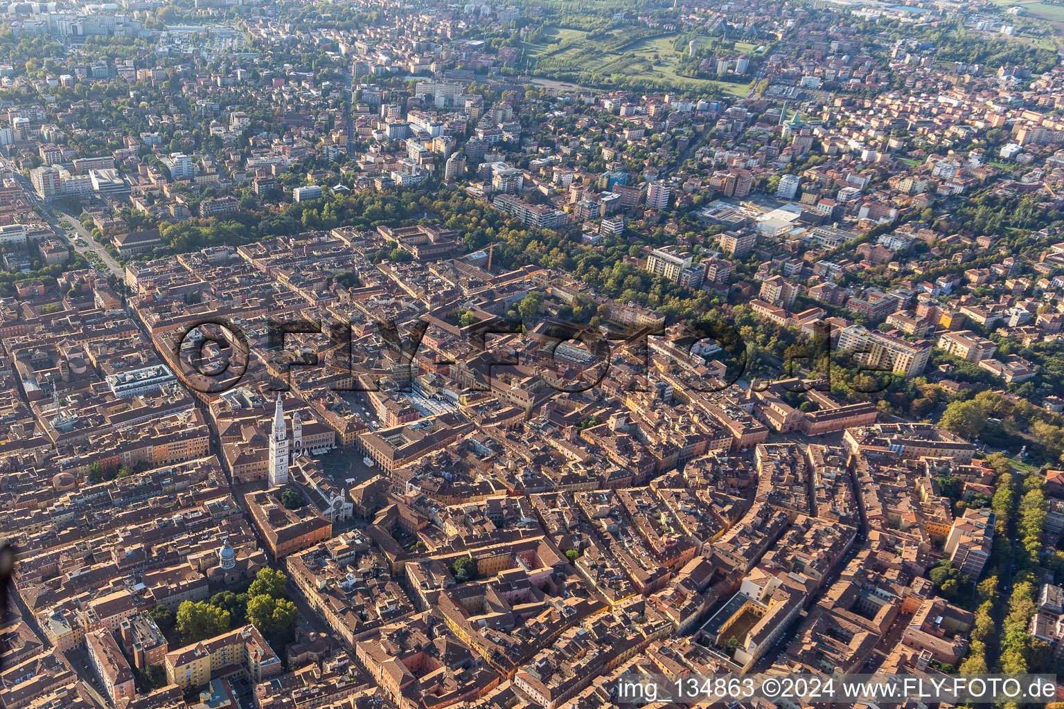 Aerial view of Piazza Roma, Duomo, Piazza Grande in Modena in the state Modena, Italy