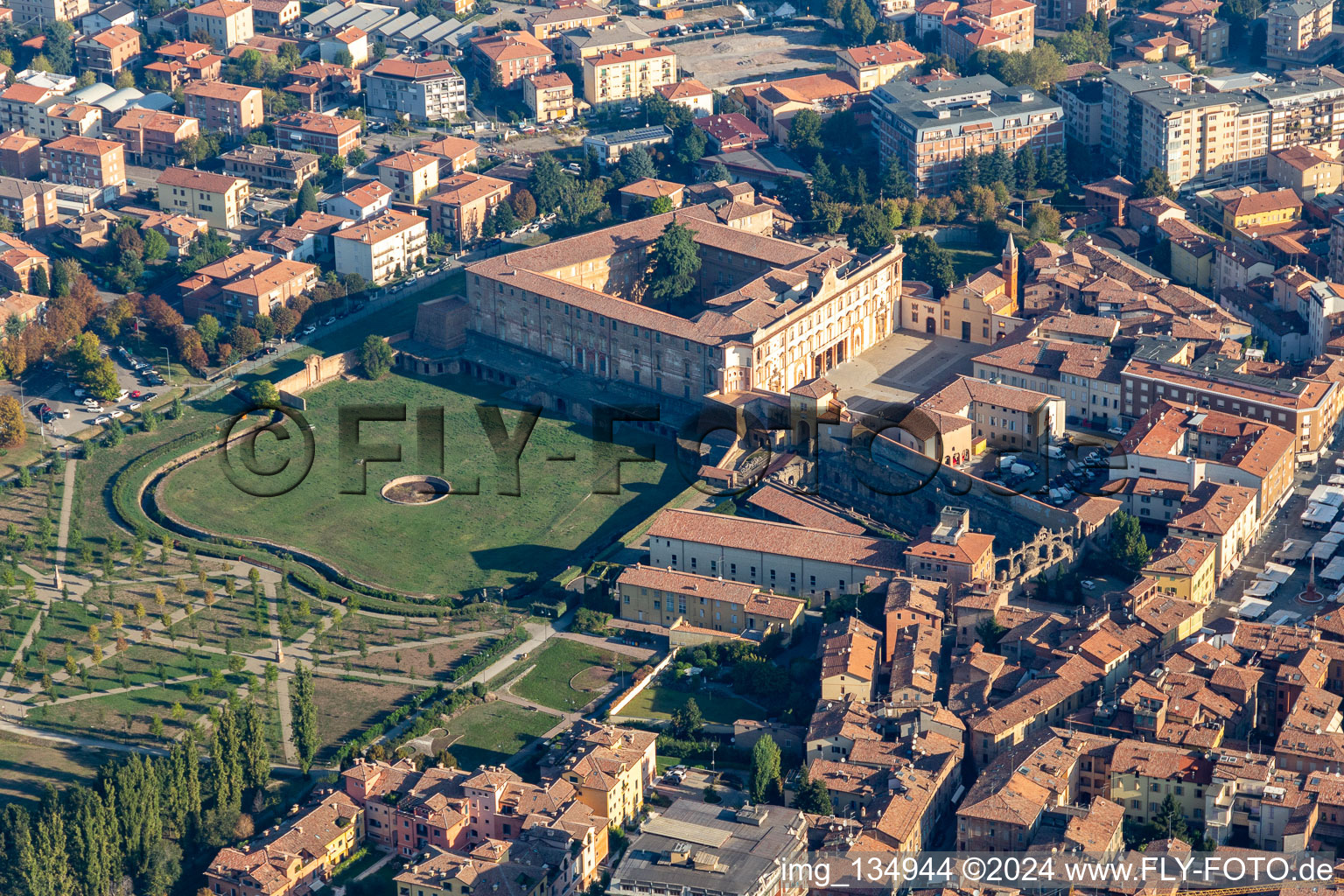 Aerial view of Parco Ducale, Giardini Ducali and Palazzo Ducale in Sassuolo in the state Modena, Italy