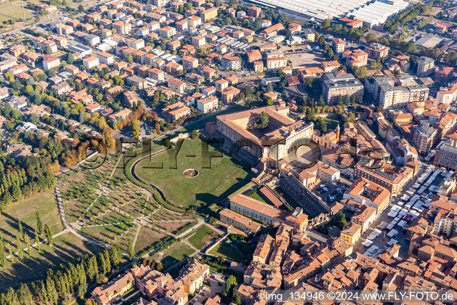 Oblique view of Parco Ducale, Giardini Ducali and Palazzo Ducale in Sassuolo in the state Modena, Italy