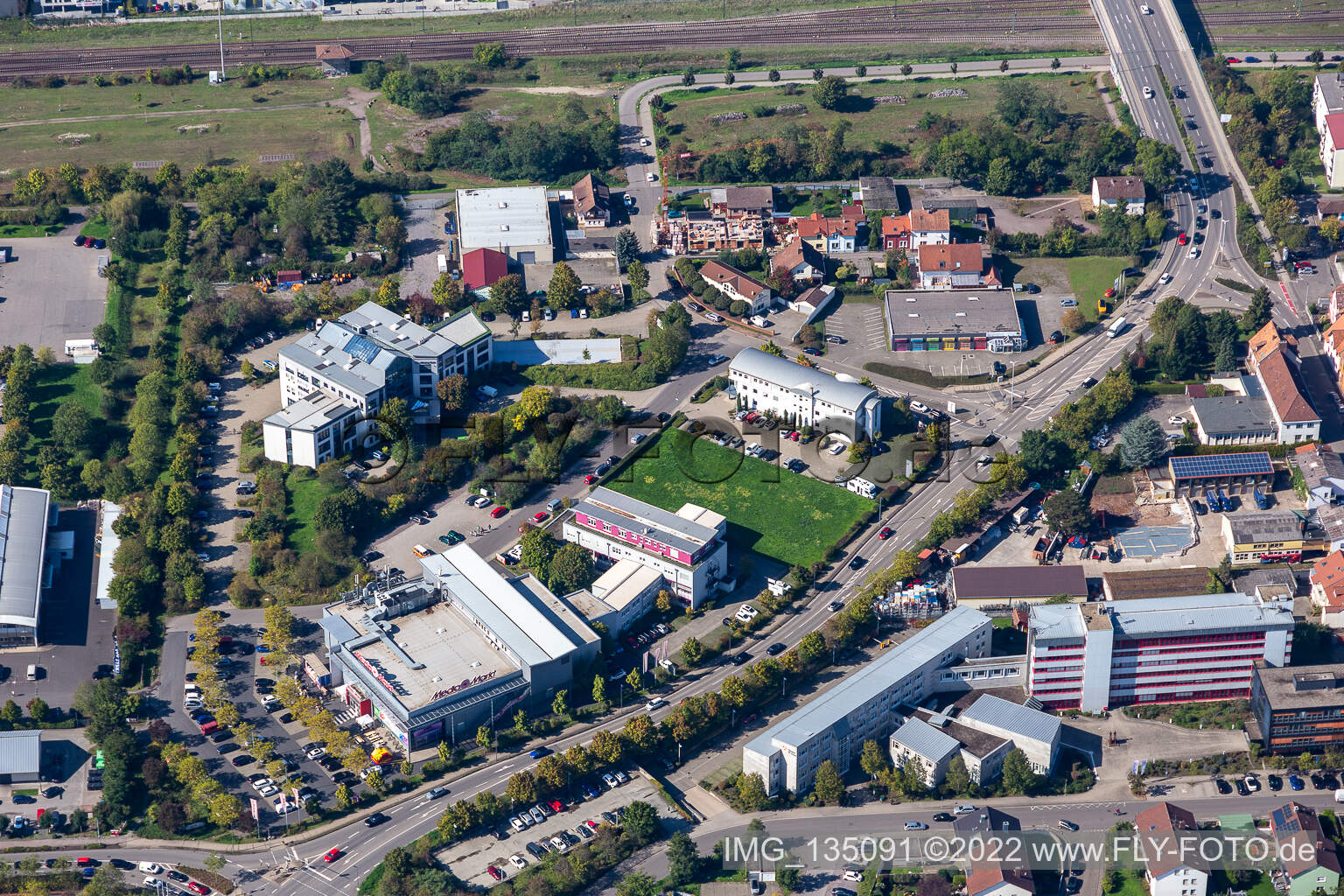 Aerial view of MediaMarkt in the district Queichheim in Landau in der Pfalz in the state Rhineland-Palatinate, Germany