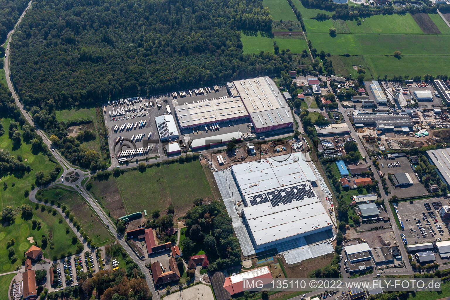 Aerial view of Hornbach central warehouse expansion in Essingen in the state Rhineland-Palatinate, Germany