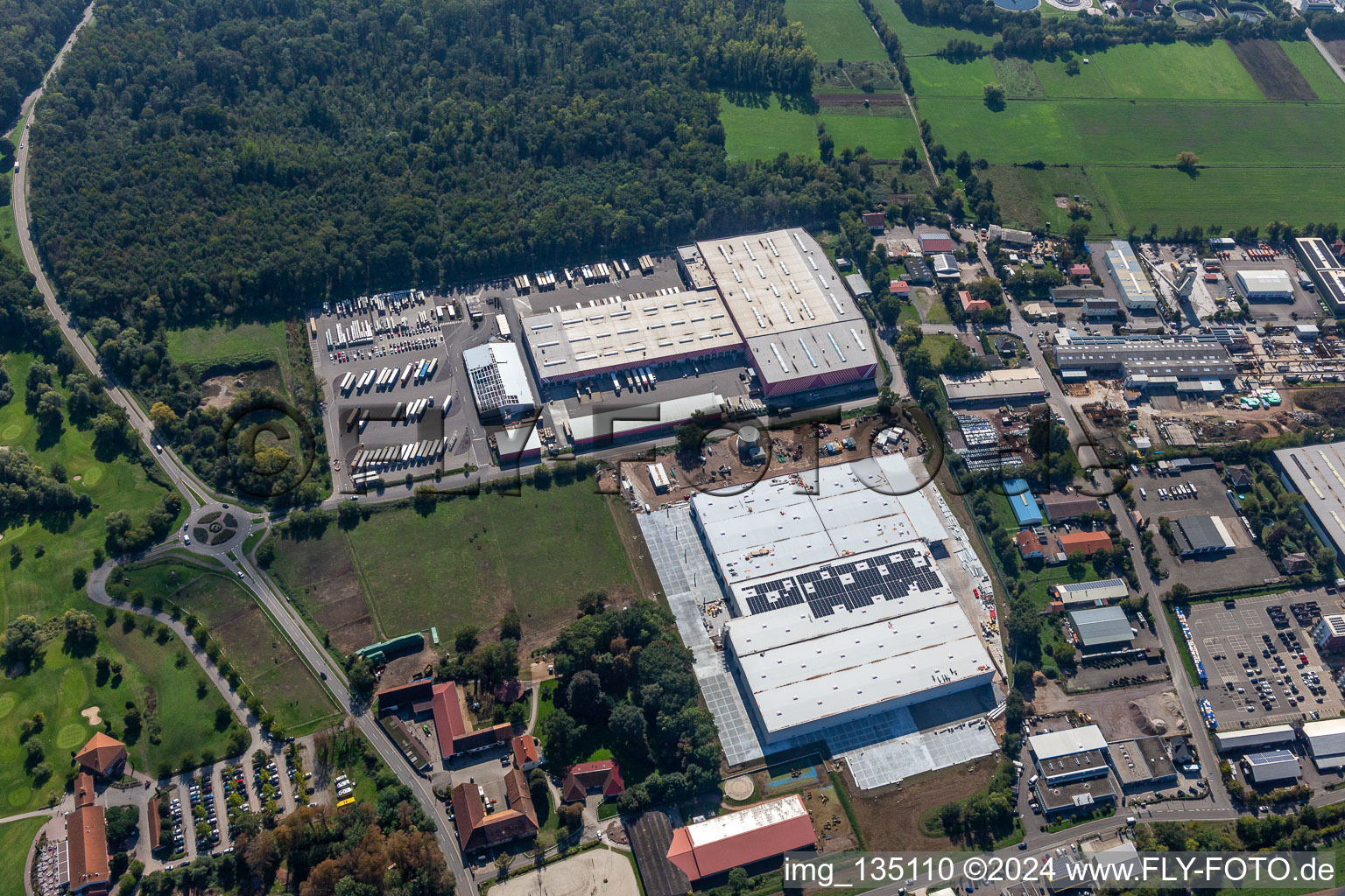 Aerial view of Hornbach central warehouse expansion in the district Dreihof in Essingen in the state Rhineland-Palatinate, Germany