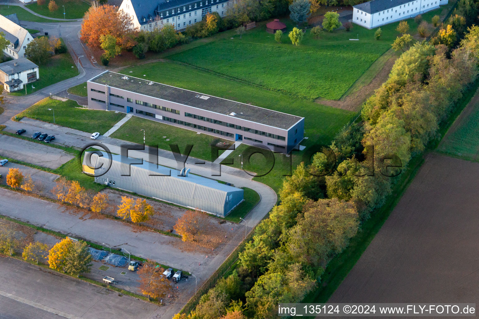 Aerial view of Electronics Center of the Bundeswehr in the Mackensen Barracks in Bad Bergzabern in the state Rhineland-Palatinate, Germany