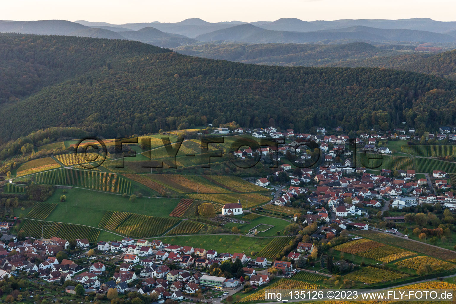 Aerial photograpy of St. Dionysius Chapel in the district Gleiszellen in Gleiszellen-Gleishorbach in the state Rhineland-Palatinate, Germany