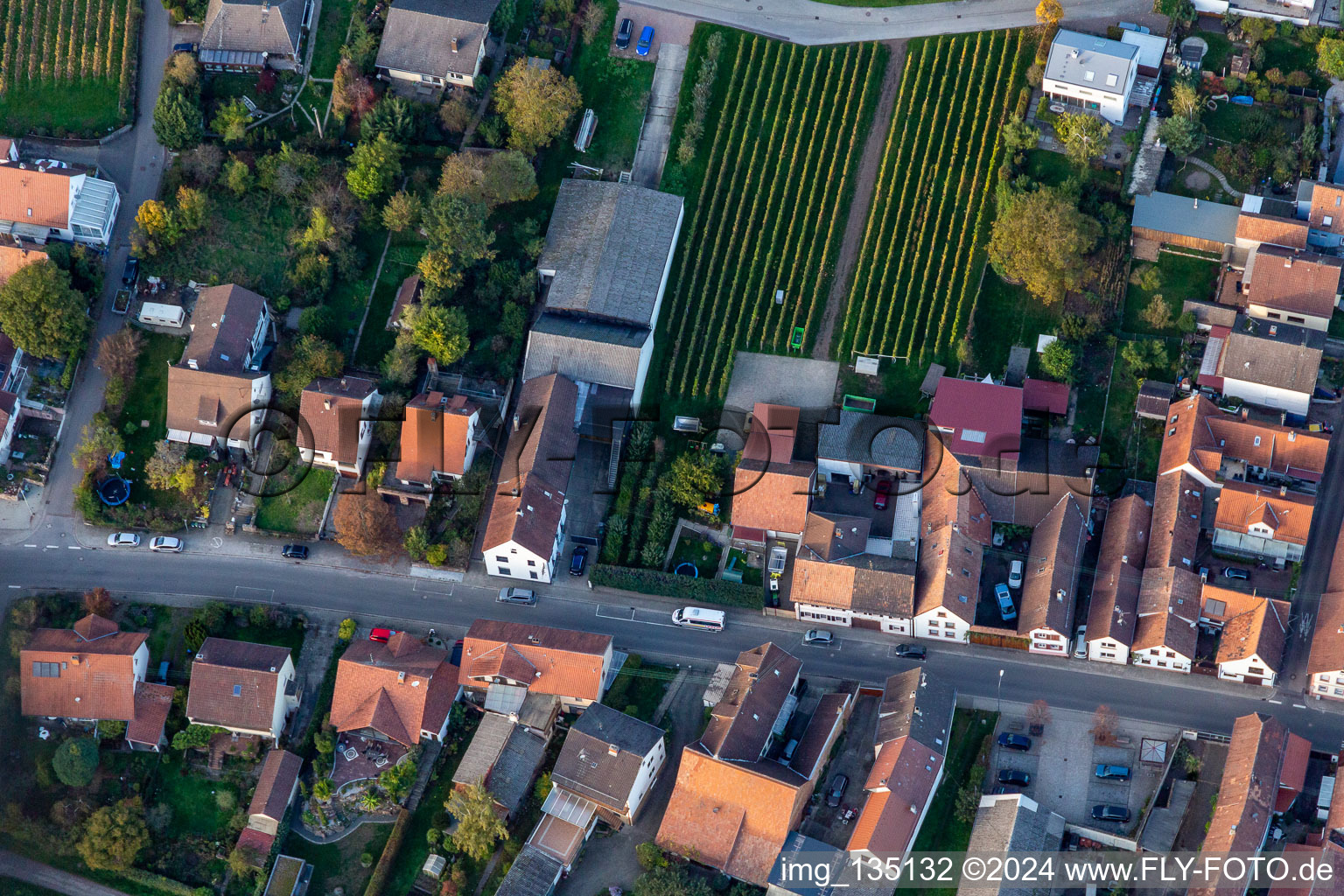 Aerial view of Main Street in Göcklingen in the state Rhineland-Palatinate, Germany