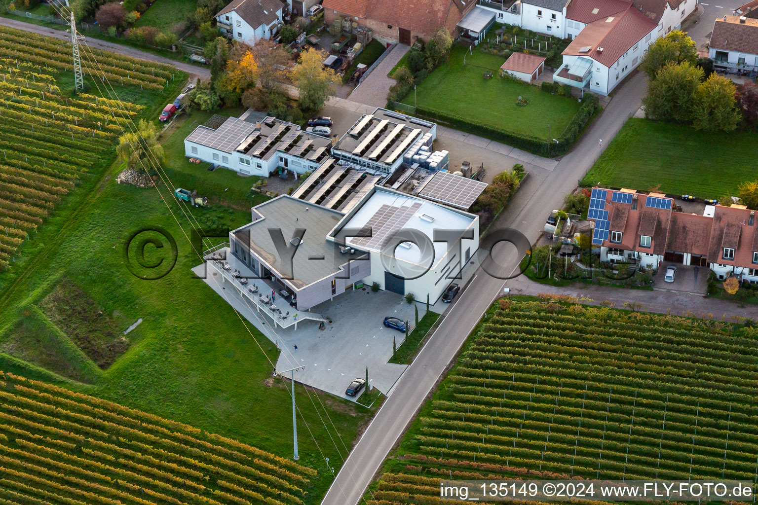 Aerial view of Vinothek Weingut Sauer in Nußdorf in the district Nußdorf in Landau in der Pfalz in the state Rhineland-Palatinate, Germany