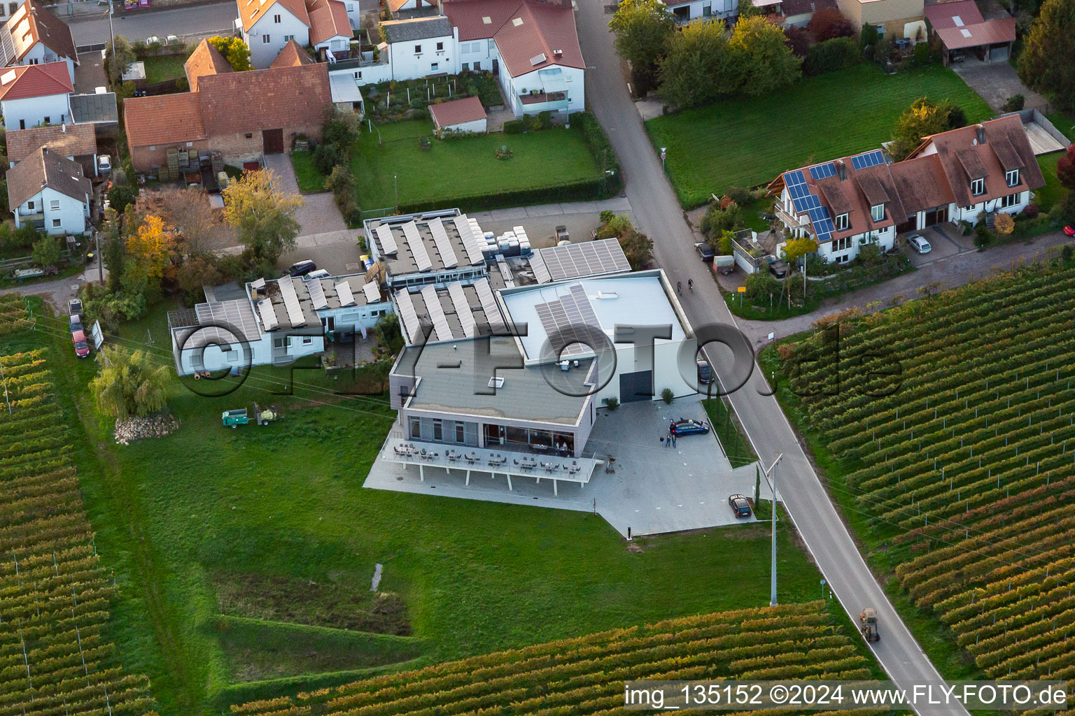 Aerial photograpy of Vinotheque Weingut Sauer in Nußdorf in the district Nußdorf in Landau in der Pfalz in the state Rhineland-Palatinate, Germany