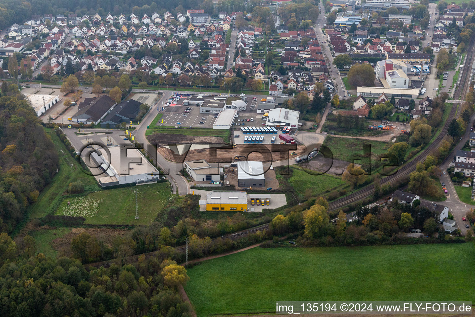 Oblique view of Lauterburger Strasse commercial area in Kandel in the state Rhineland-Palatinate, Germany