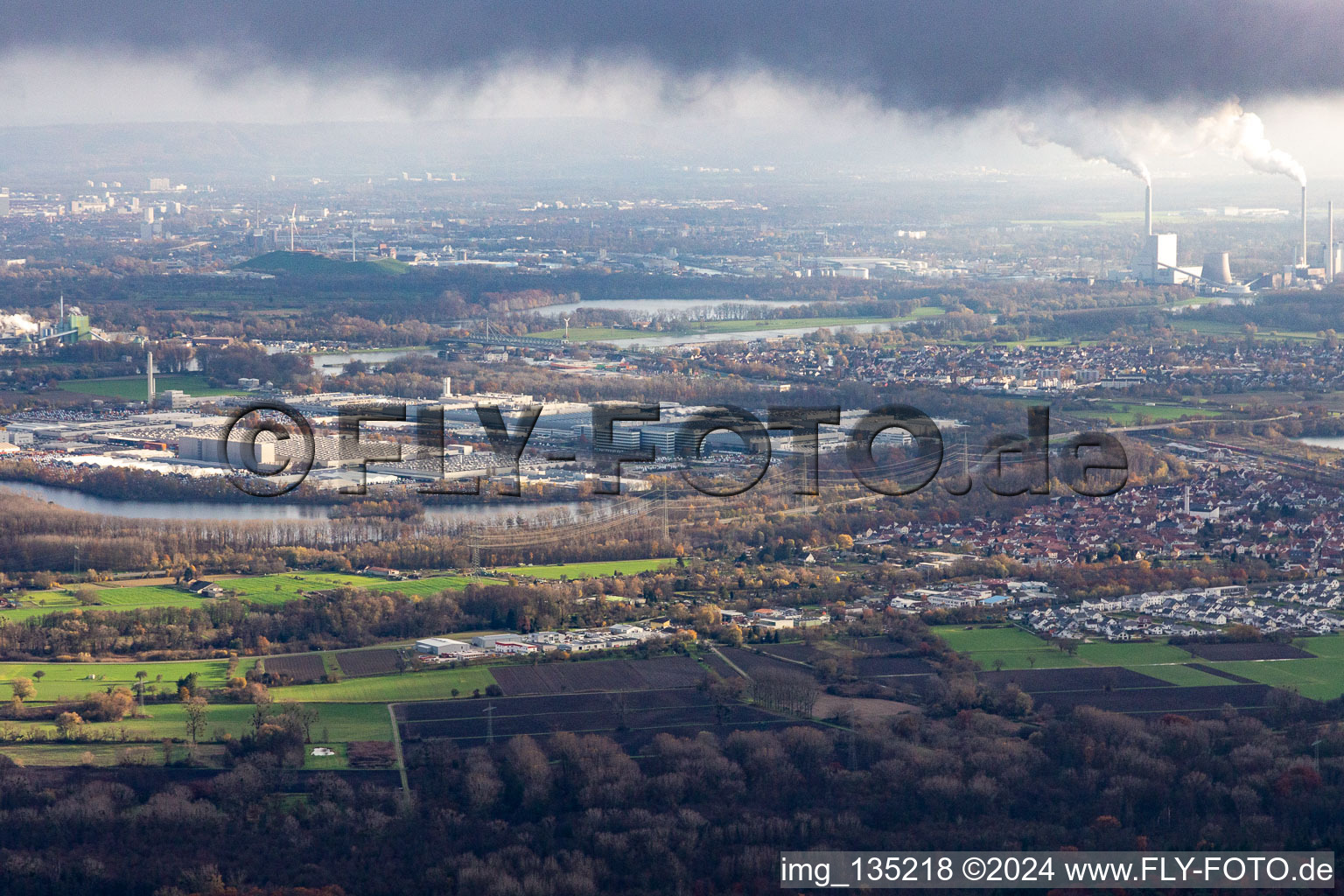 Oberwald Industrial Area in Wörth am Rhein in the state Rhineland-Palatinate, Germany from the plane