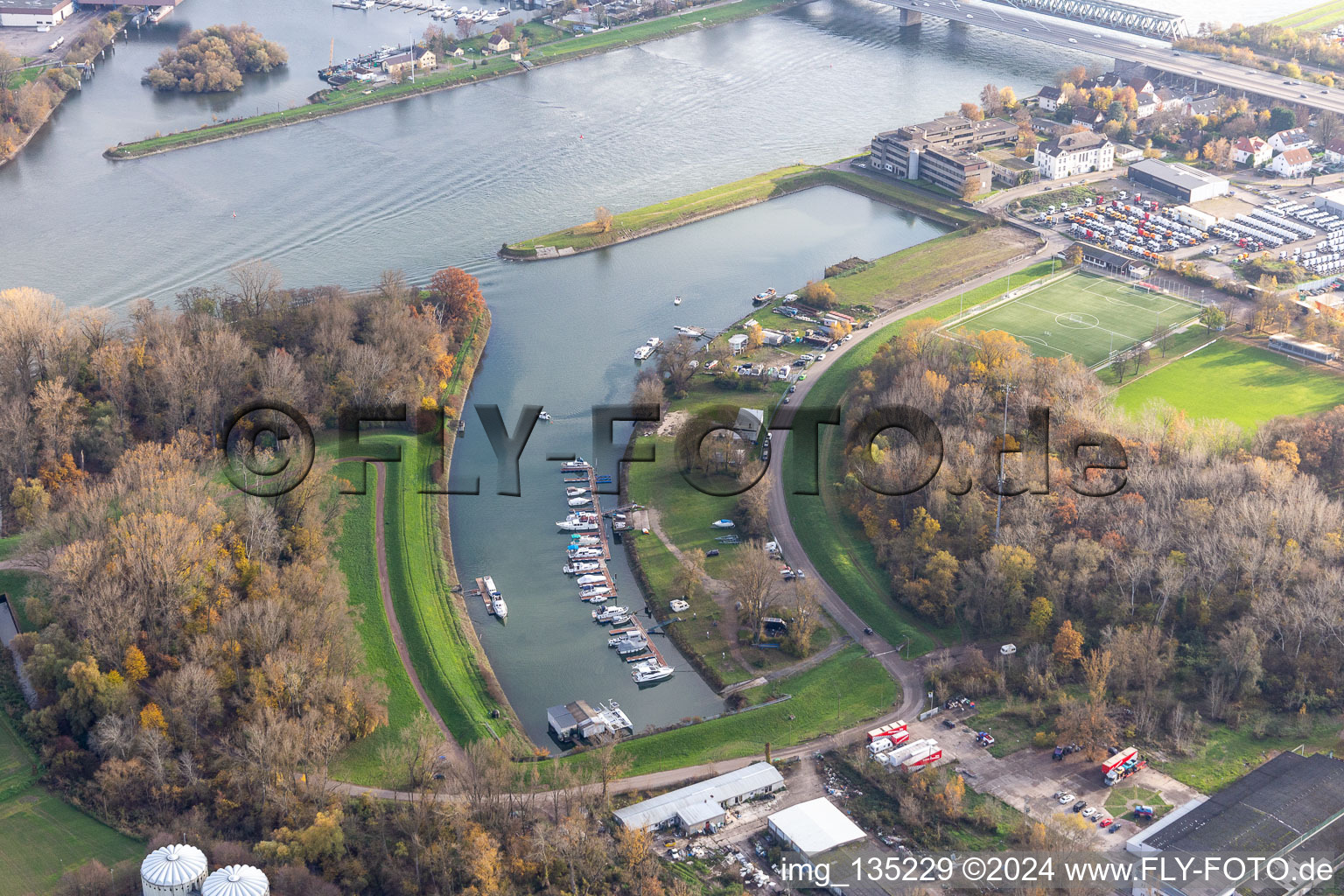 Harbor with Motor Yacht Club eV in the district Maximiliansau in Wörth am Rhein in the state Rhineland-Palatinate, Germany