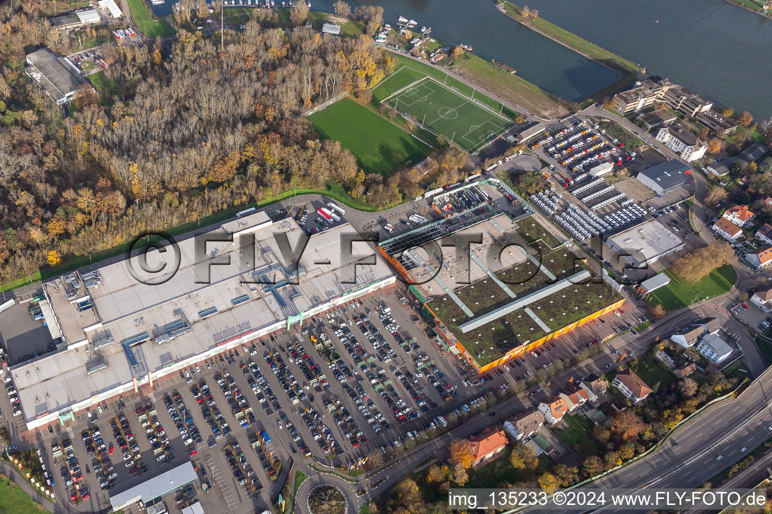 Aerial view of Maximilian Center with globe in the district Maximiliansau in Wörth am Rhein in the state Rhineland-Palatinate, Germany