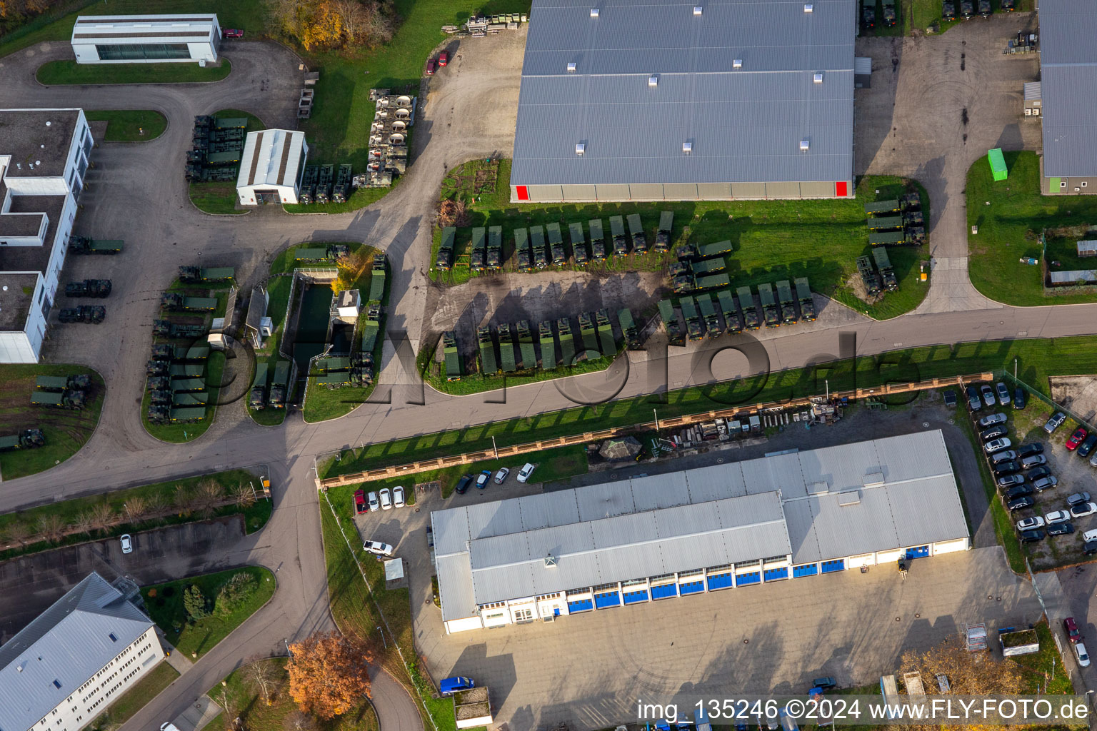 Aerial view of Bundeswehr Depot South in the district Knielingen in Karlsruhe in the state Baden-Wuerttemberg, Germany