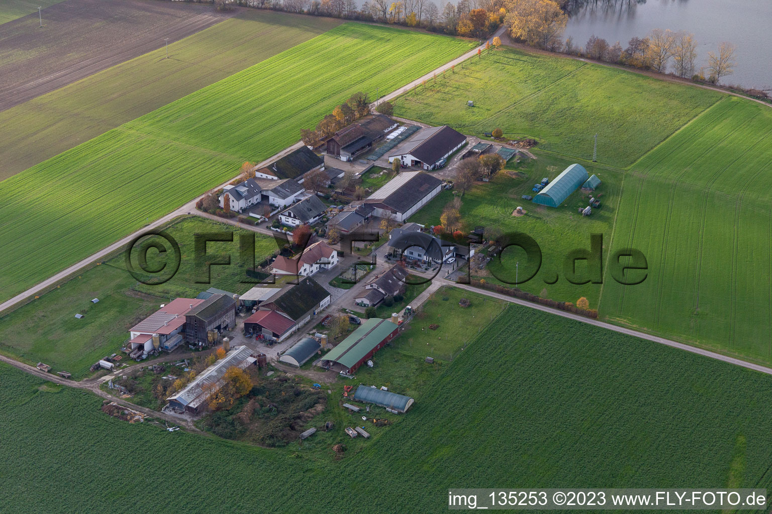 Aerial view of Burgerhof, Jägerhof in Neupotz in the state Rhineland-Palatinate, Germany