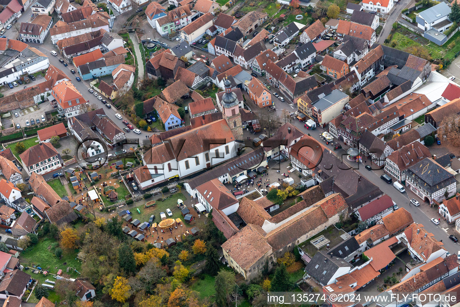 Aerial view of Anneresl Christmas Market in Rheinzabern in the state Rhineland-Palatinate, Germany