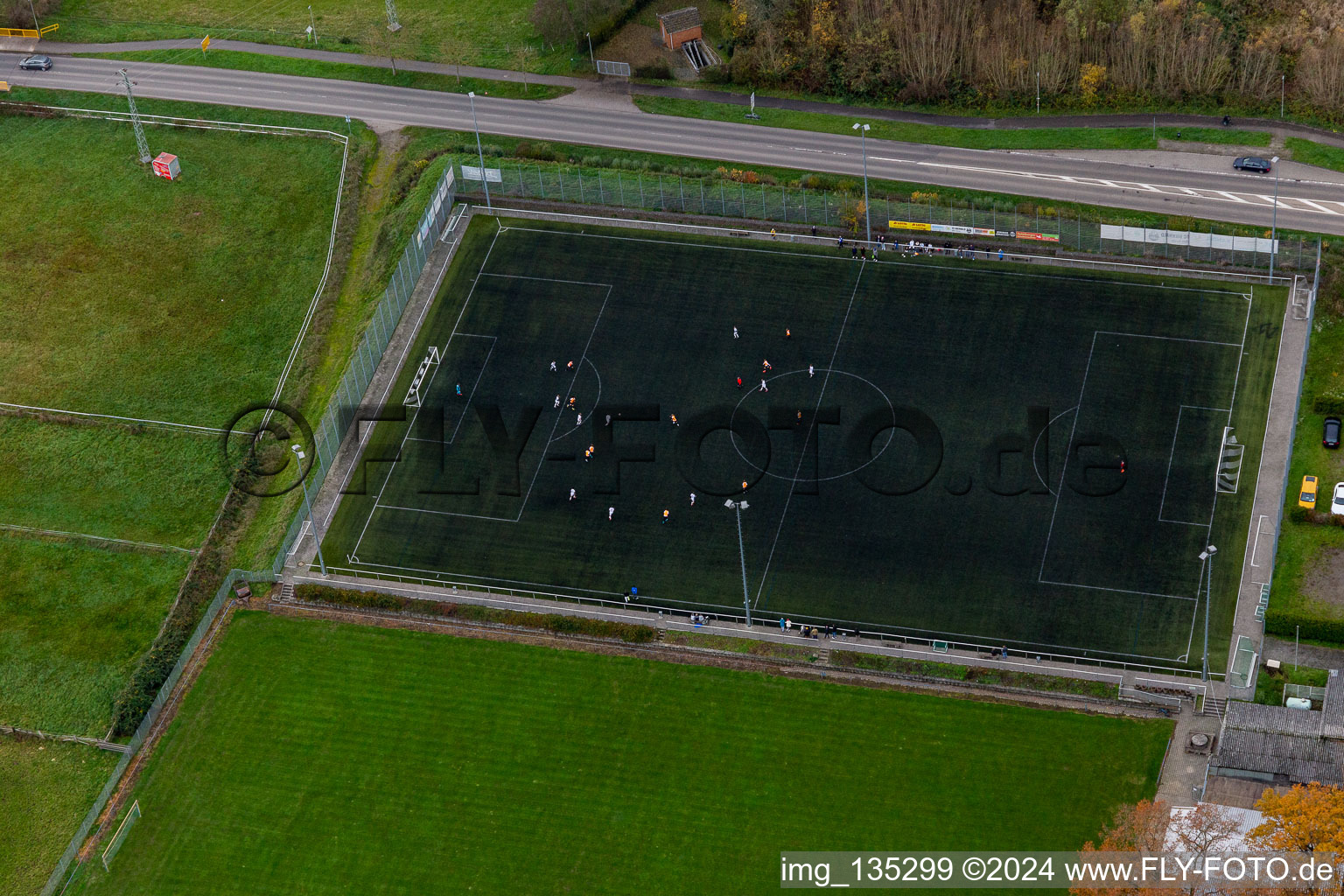 Aerial view of Artificial turf pitch in the district Minderslachen in Kandel in the state Rhineland-Palatinate, Germany