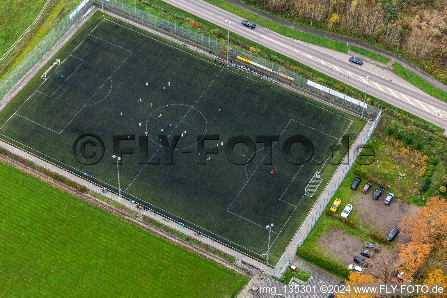 Aerial photograpy of Artificial turf pitch in the district Minderslachen in Kandel in the state Rhineland-Palatinate, Germany