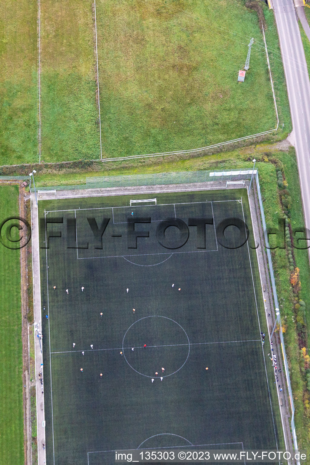 Oblique view of Artificial turf pitch in the district Minderslachen in Kandel in the state Rhineland-Palatinate, Germany