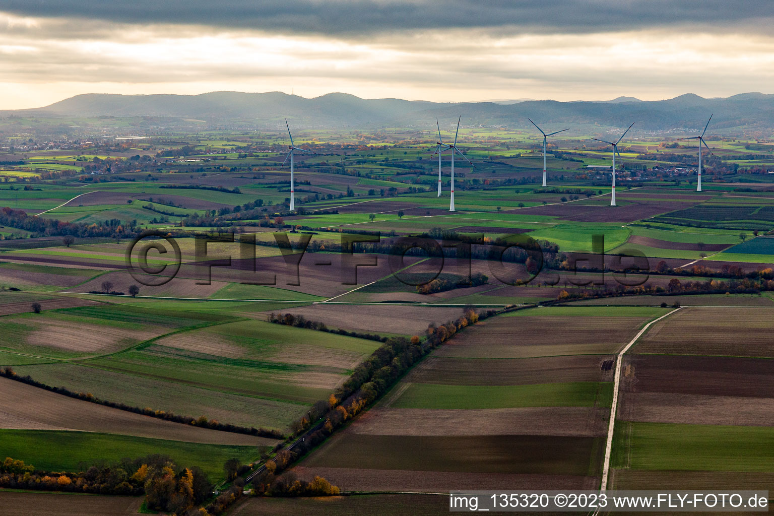 Aerial view of Wind farm Freckenfeld in Freckenfeld in the state Rhineland-Palatinate, Germany