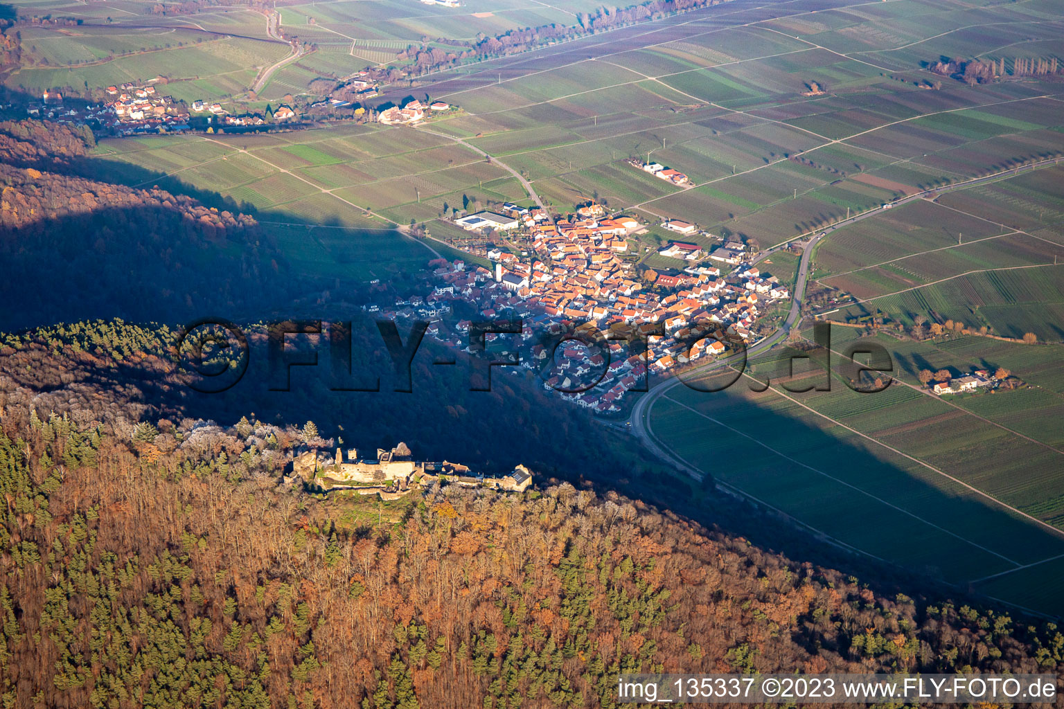 Aerial view of Madenburg from the southwest in Eschbach in the state Rhineland-Palatinate, Germany