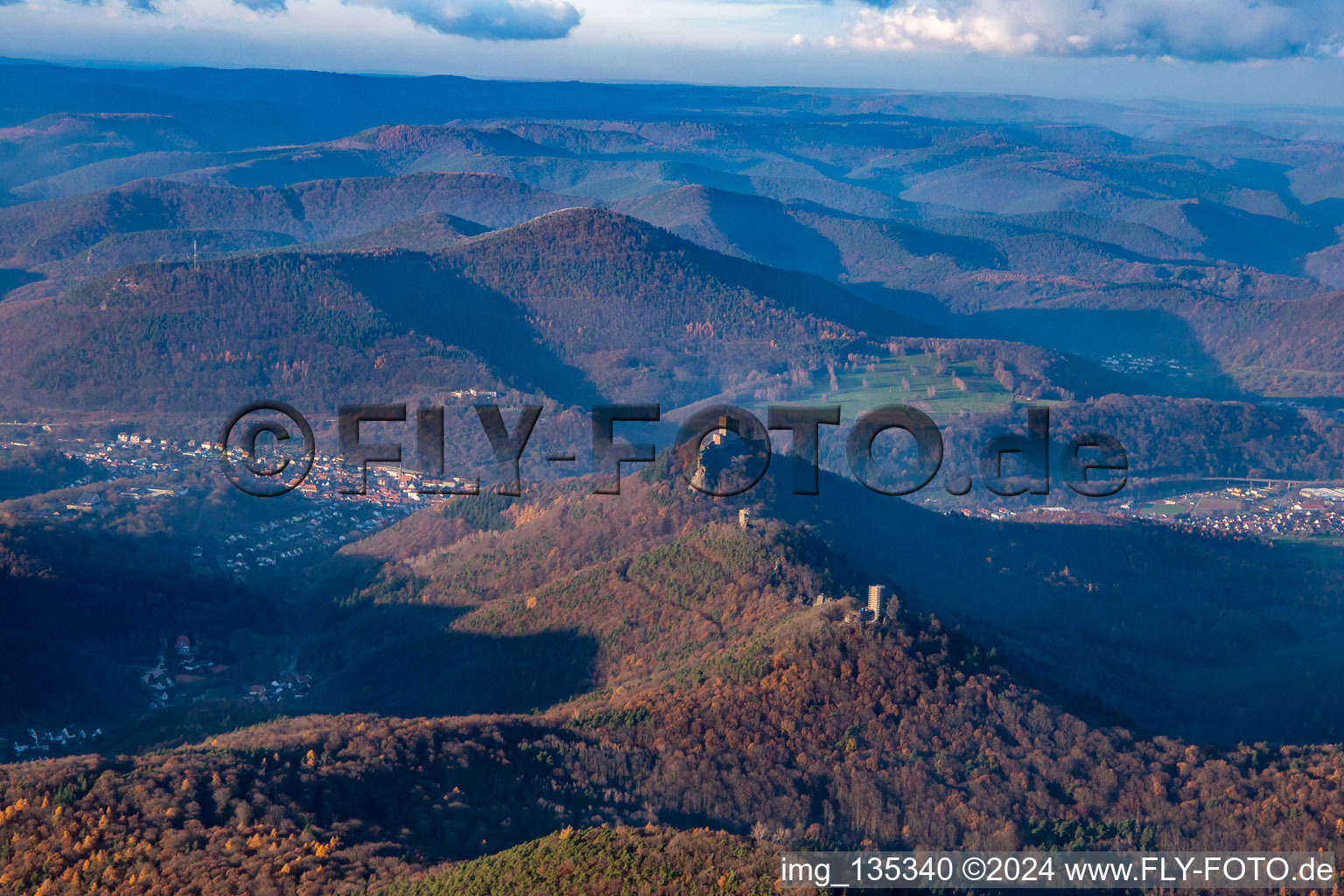 The 3 castles: Münz, Anebos and Trifels from the southeast in the district Bindersbach in Annweiler am Trifels in the state Rhineland-Palatinate, Germany