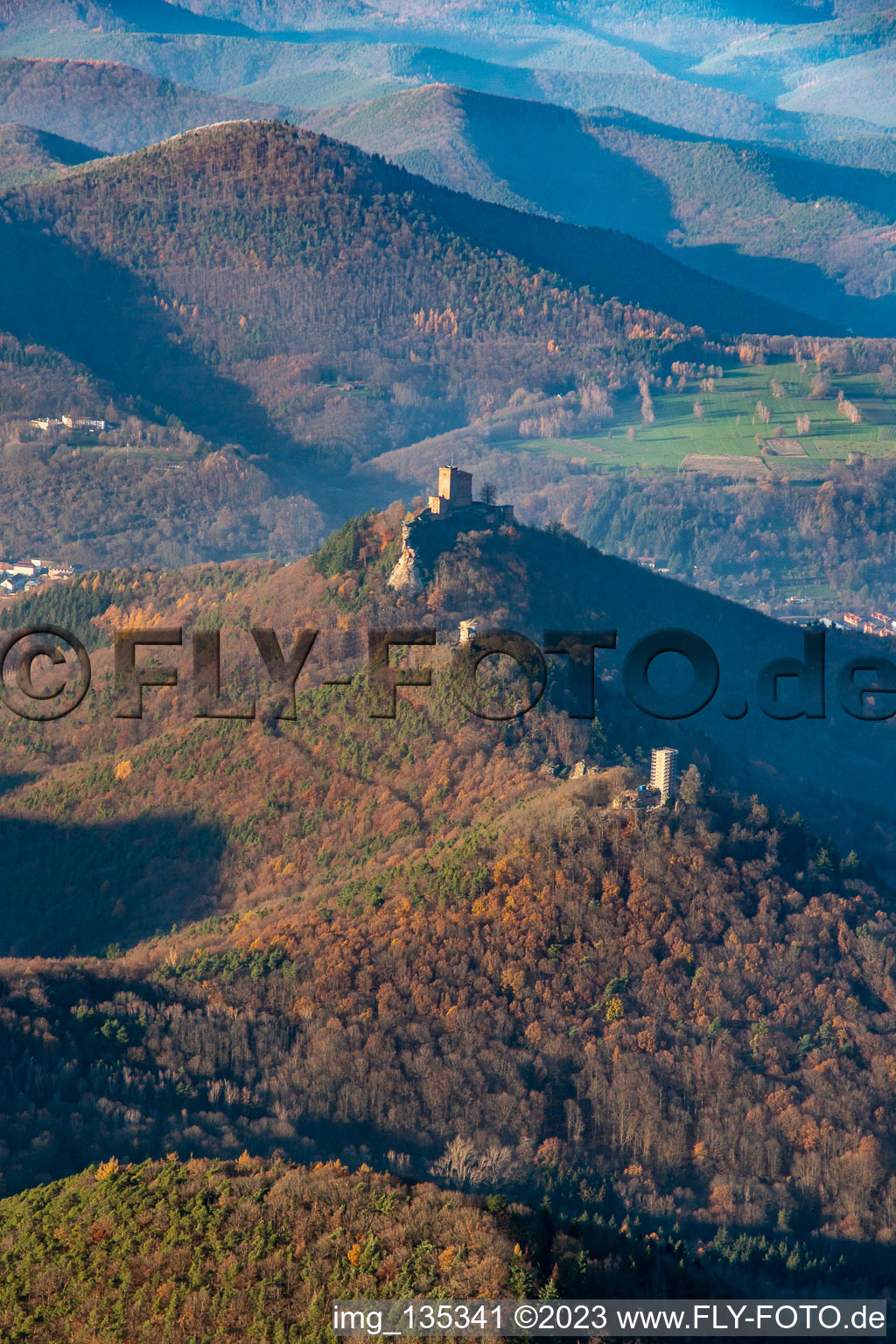 Aerial view of The 3 castles: Münz, Anebos and Trifels from the southeast in the district Bindersbach in Annweiler am Trifels in the state Rhineland-Palatinate, Germany