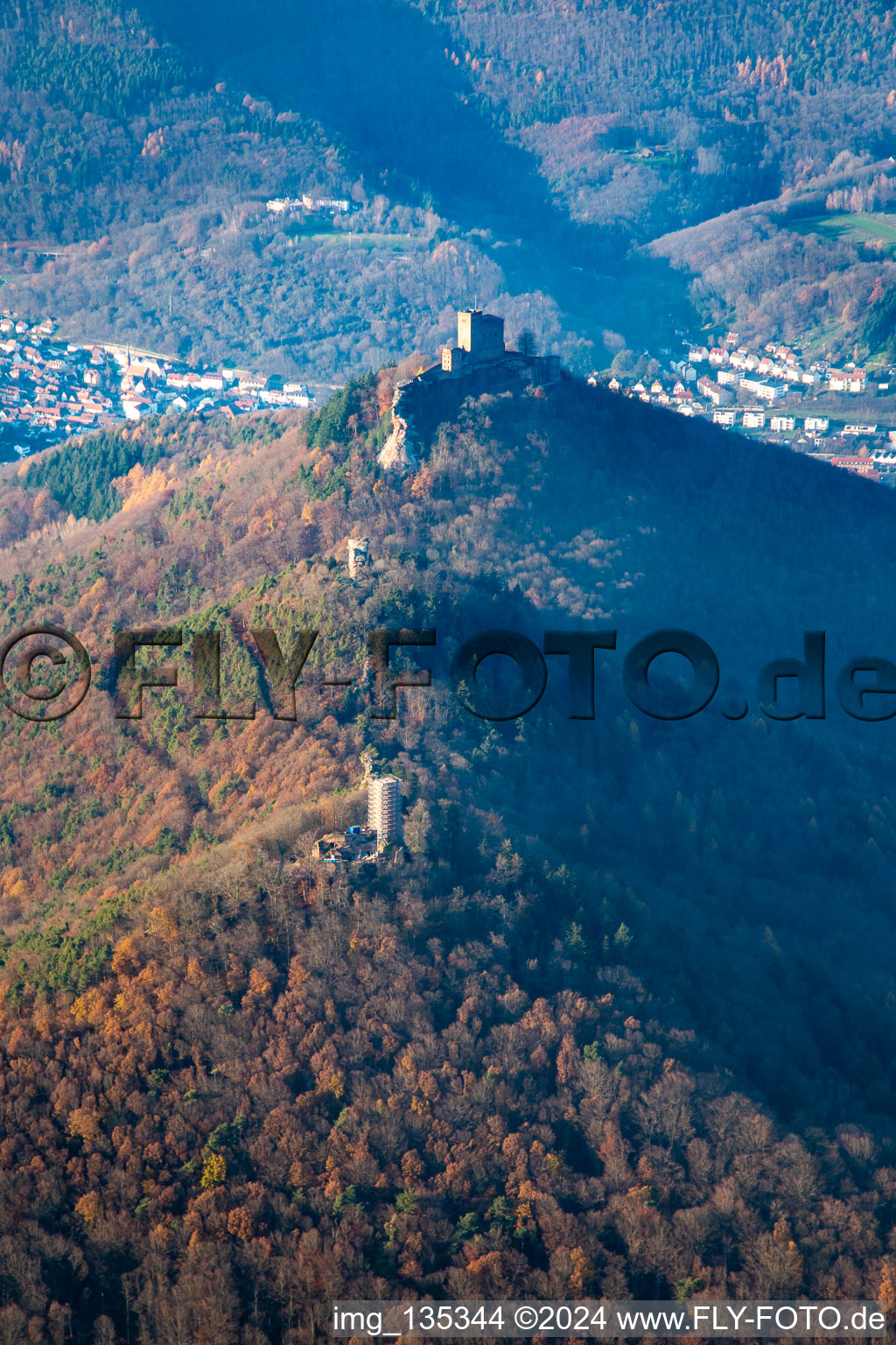 Oblique view of The 3 castles: Münz, Anebos and Trifels from the southeast in the district Bindersbach in Annweiler am Trifels in the state Rhineland-Palatinate, Germany