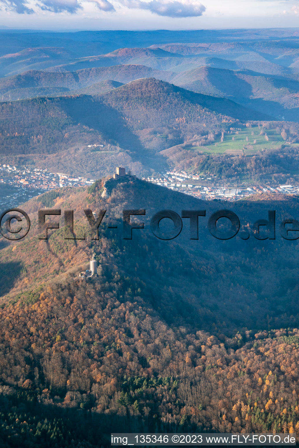 The 3 castles: Münz, Anebos and Trifels from the southeast in the district Bindersbach in Annweiler am Trifels in the state Rhineland-Palatinate, Germany from above