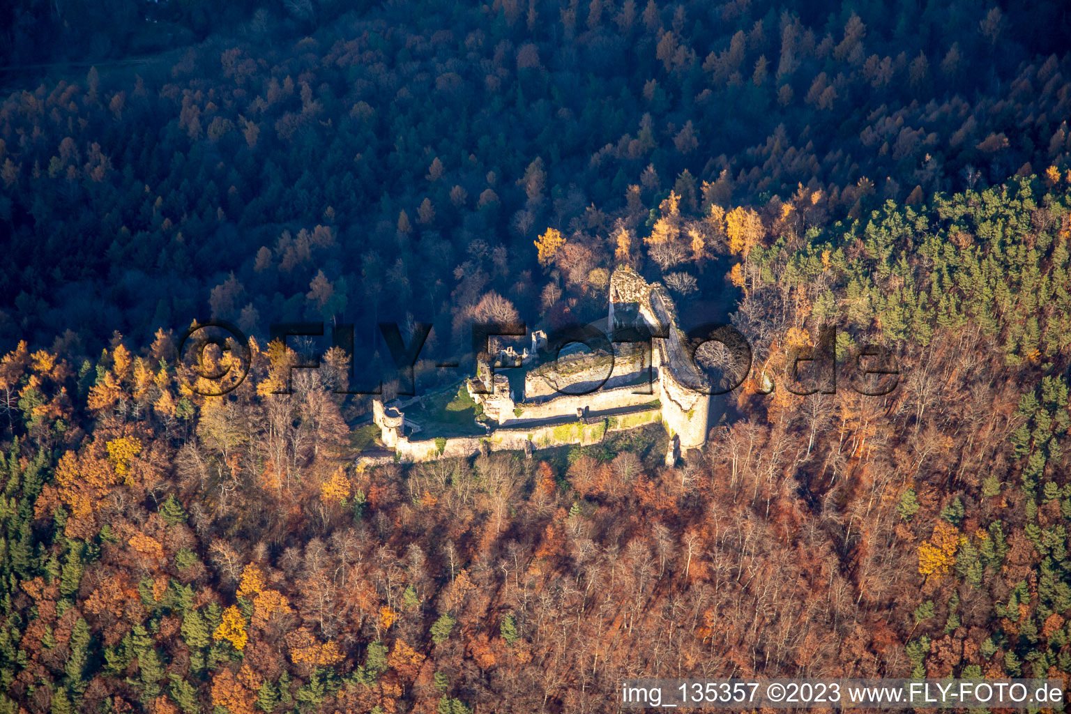Aerial view of Neuscharfeneck castle ruins from the south in Flemlingen in the state Rhineland-Palatinate, Germany