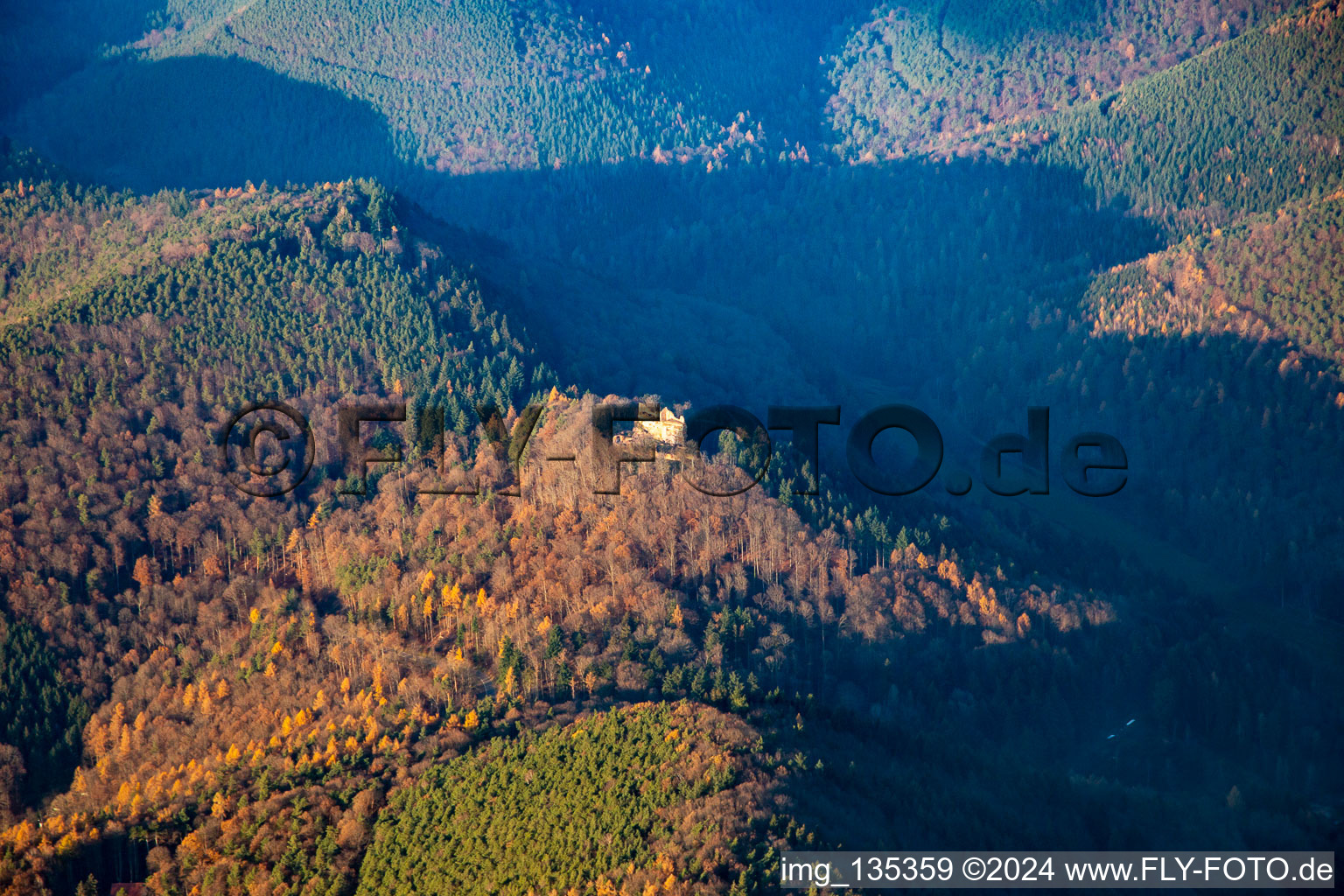 Aerial view of Meisteresel Castle from the south in Ramberg in the state Rhineland-Palatinate, Germany