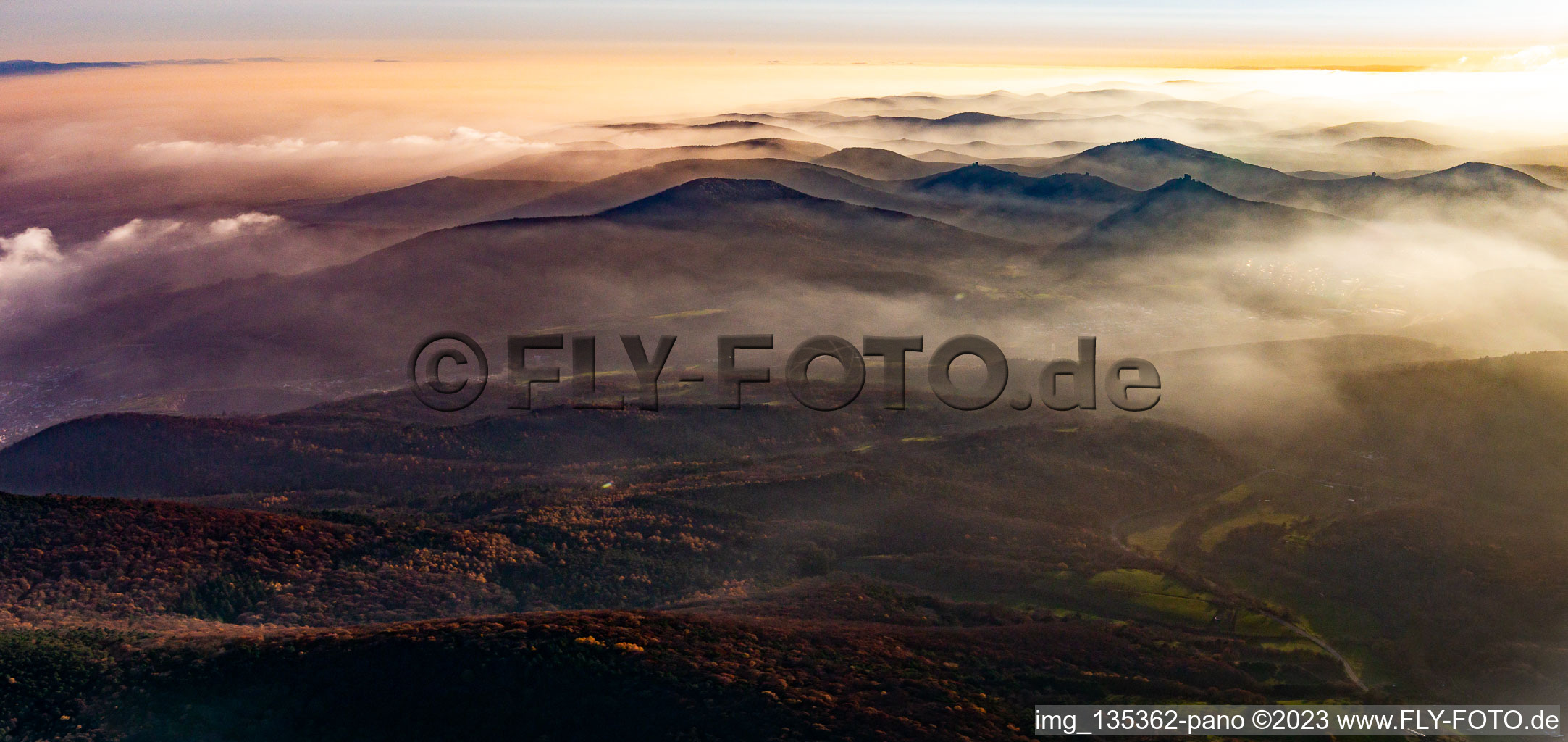 Palatinate Forest Panorama In the haze over the Queichtal in the district Queichhambach in Annweiler am Trifels in the state Rhineland-Palatinate, Germany