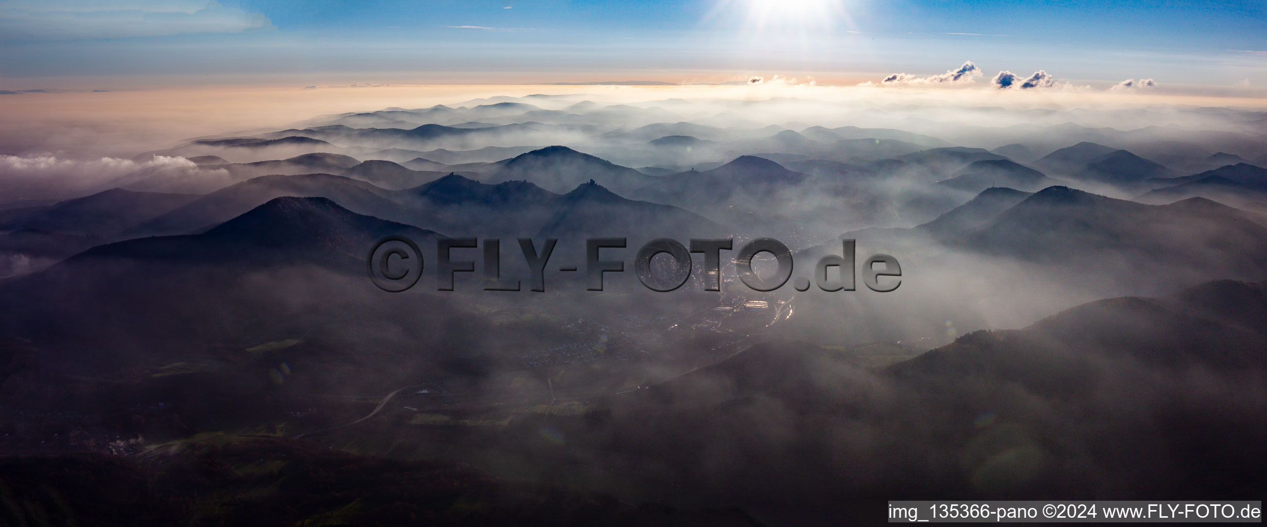 Palatinate Forest Panorama In the haze over the Queichtal in Annweiler am Trifels in the state Rhineland-Palatinate, Germany