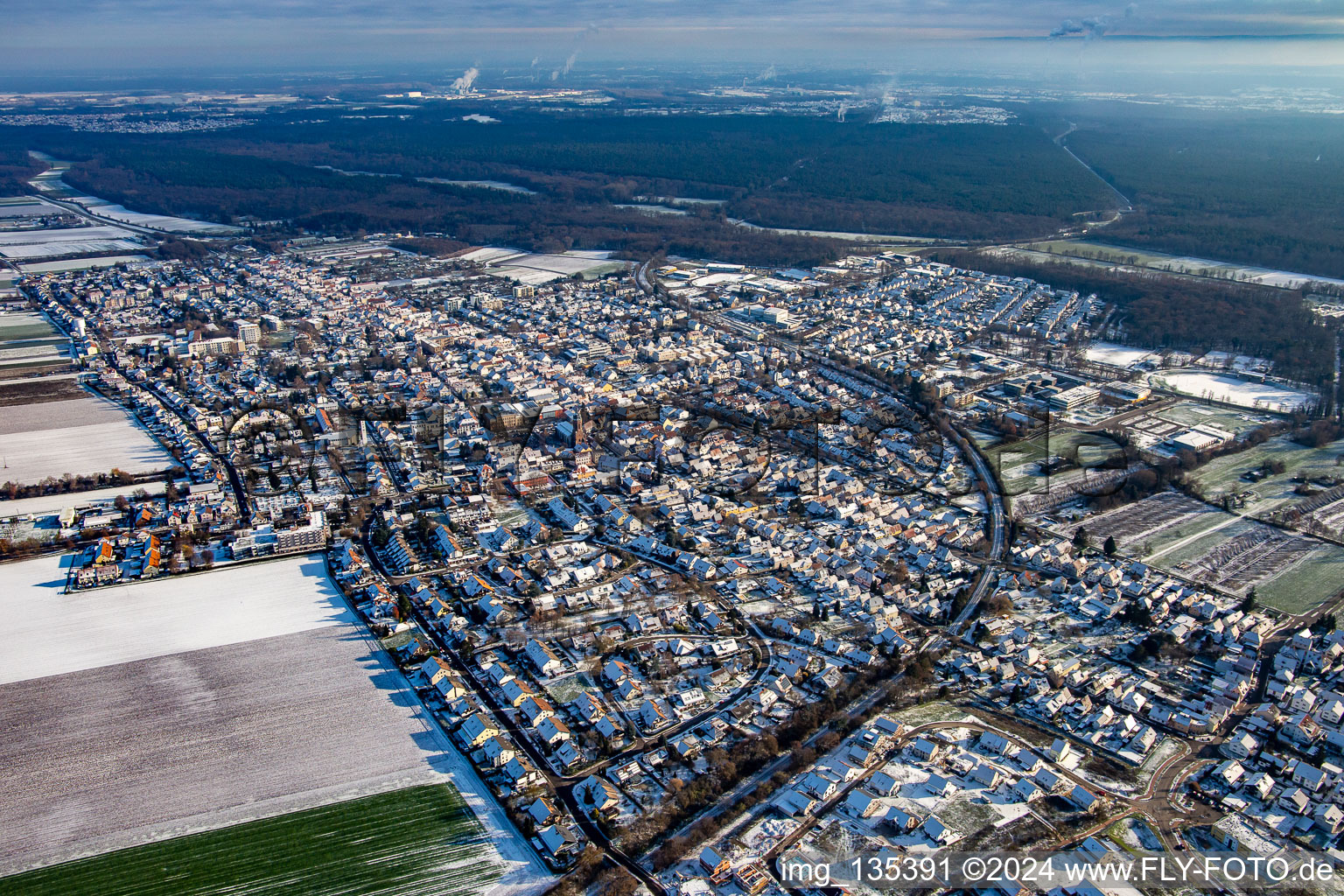 Aerial view of City center in winter with snow in Kandel in the state Rhineland-Palatinate, Germany