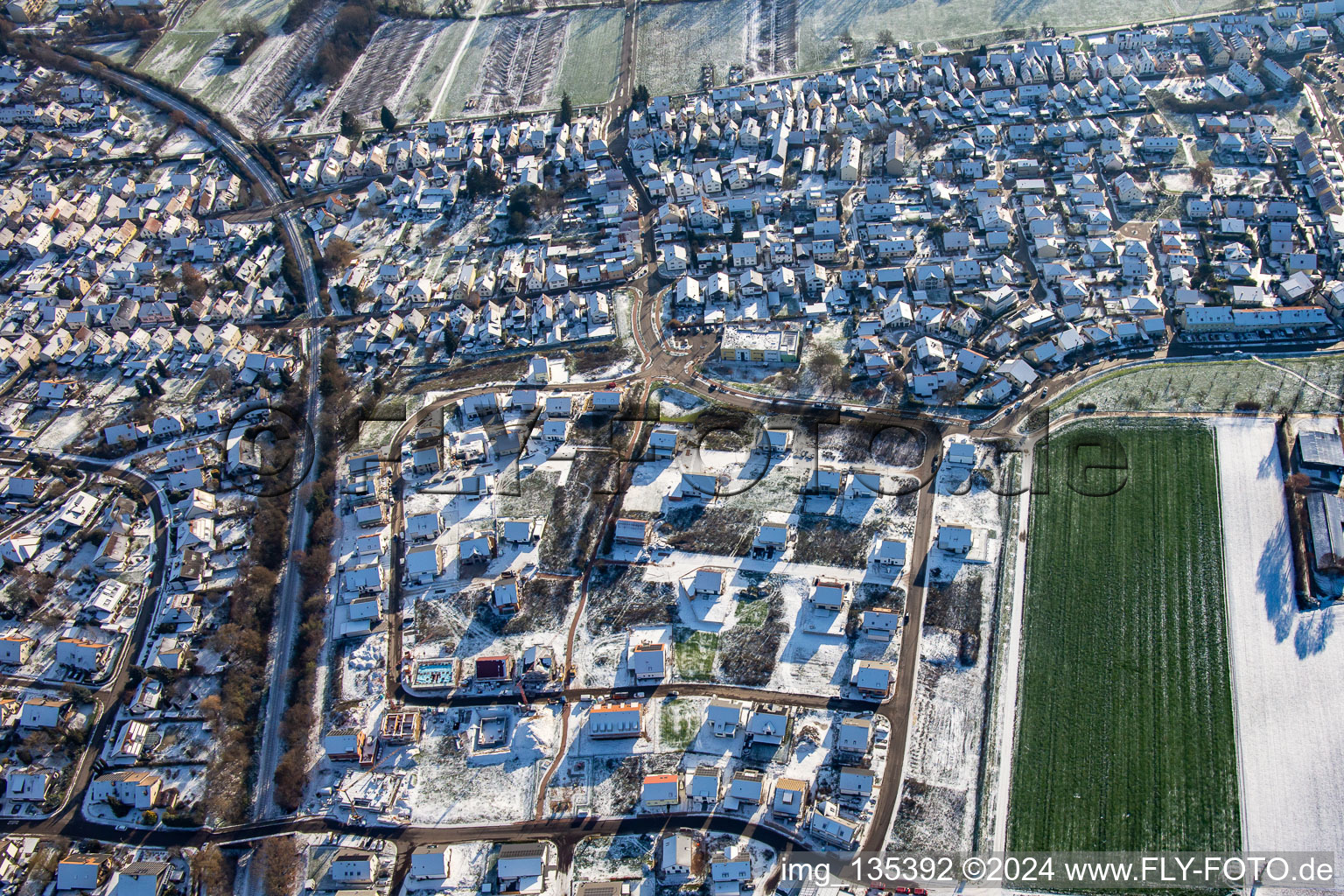 Aerial view of New development area K2 in winter with snow in Kandel in the state Rhineland-Palatinate, Germany