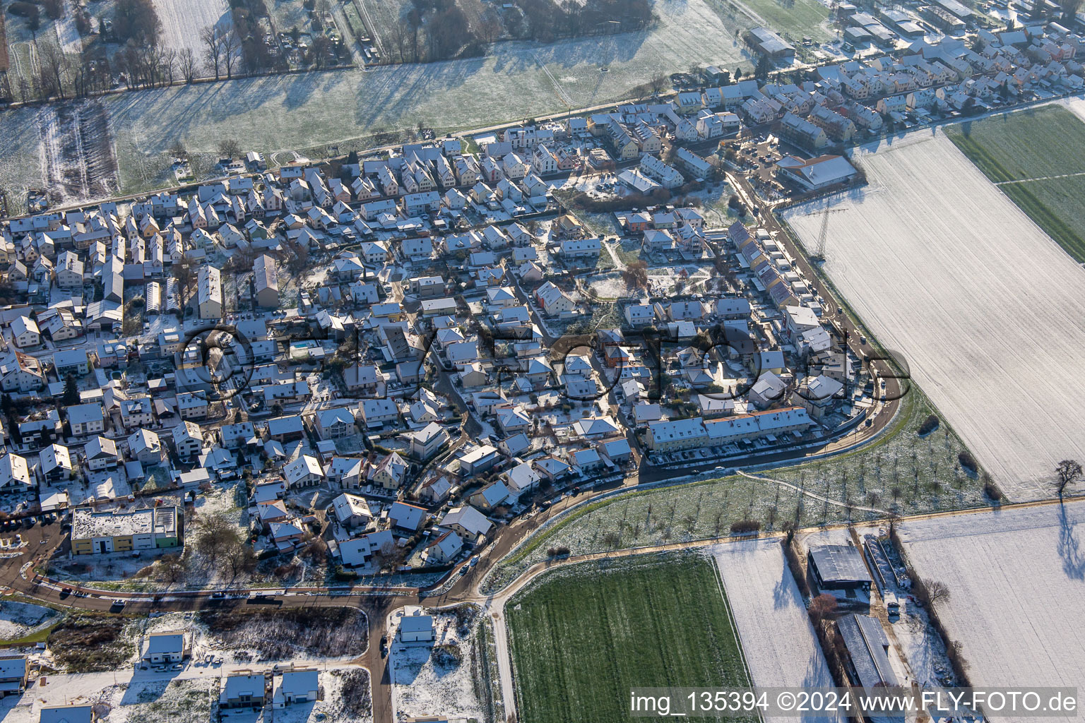 Aerial photograpy of New development area K2 in winter with snow in Kandel in the state Rhineland-Palatinate, Germany