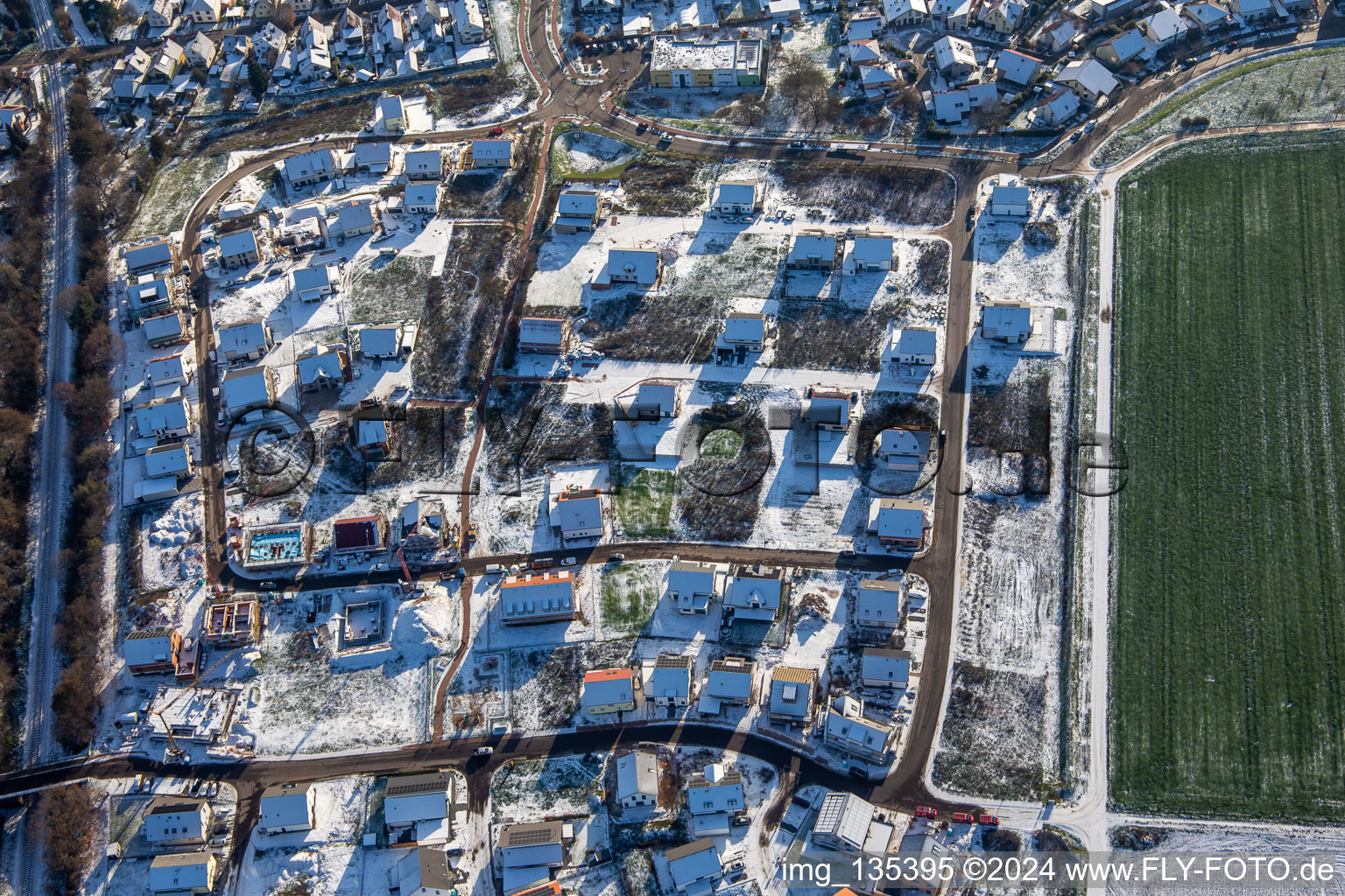 Oblique view of New development area K2 in winter with snow in Kandel in the state Rhineland-Palatinate, Germany