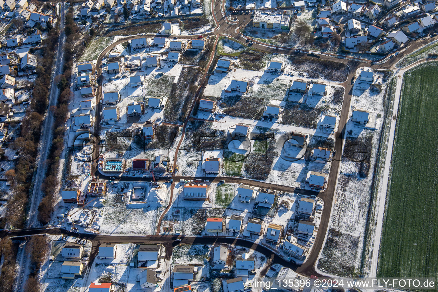 New development area K2 in winter with snow in Kandel in the state Rhineland-Palatinate, Germany from above