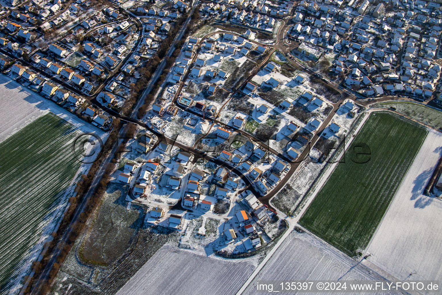 New development area K2 in winter with snow in Kandel in the state Rhineland-Palatinate, Germany out of the air