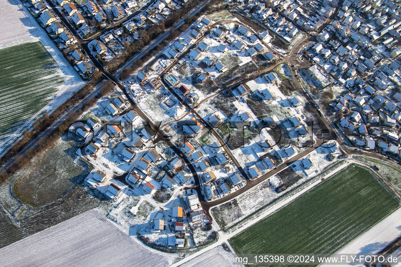 New development area K2 in winter with snow in Kandel in the state Rhineland-Palatinate, Germany seen from above