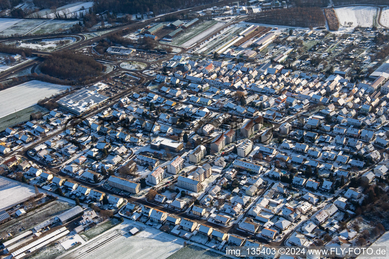 Aerial view of Röntgenstrasse in winter with snow in Kandel in the state Rhineland-Palatinate, Germany