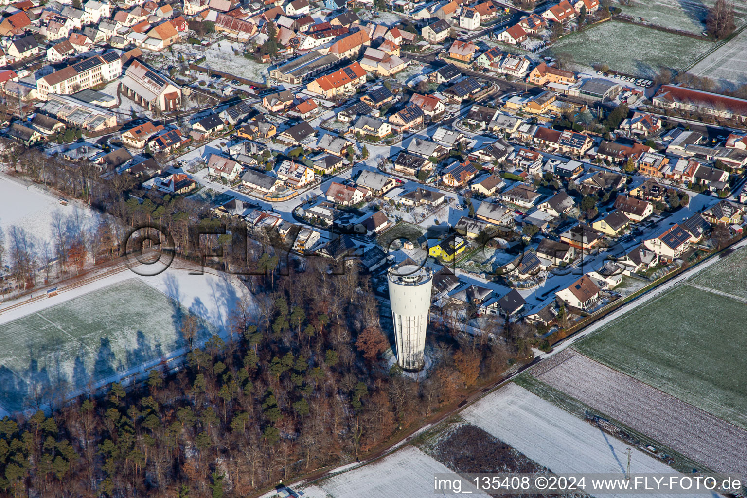 Water tower in winter with snow in Kandel in the state Rhineland-Palatinate, Germany