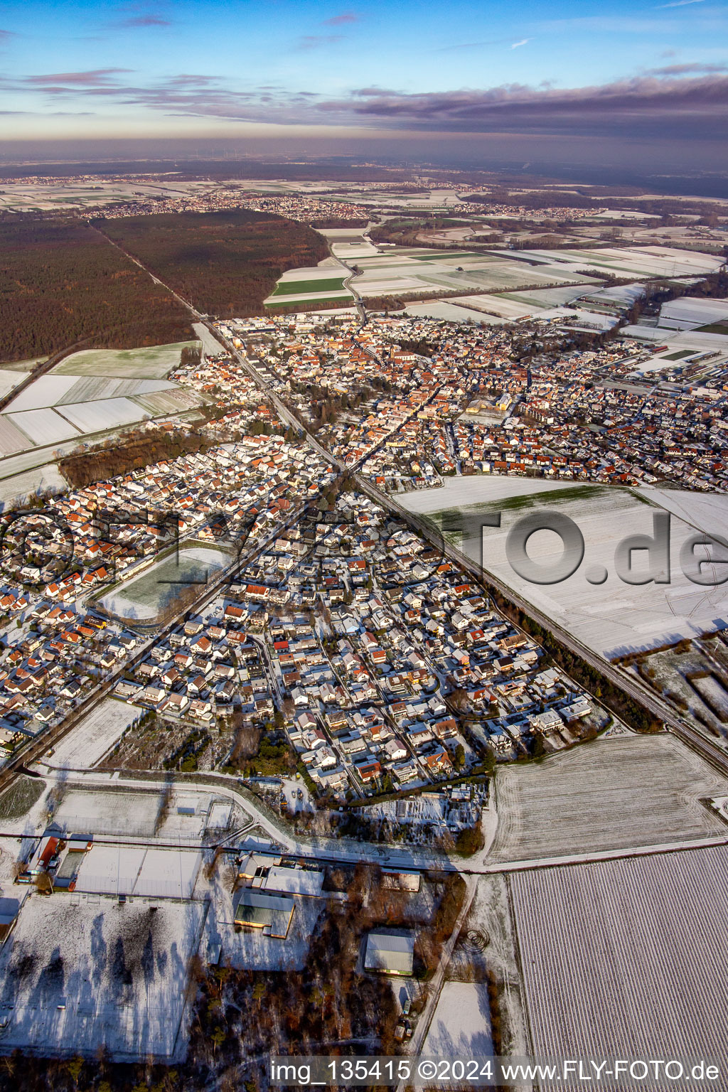 Aerial view of Railway line in winter with snow in Rheinzabern in the state Rhineland-Palatinate, Germany